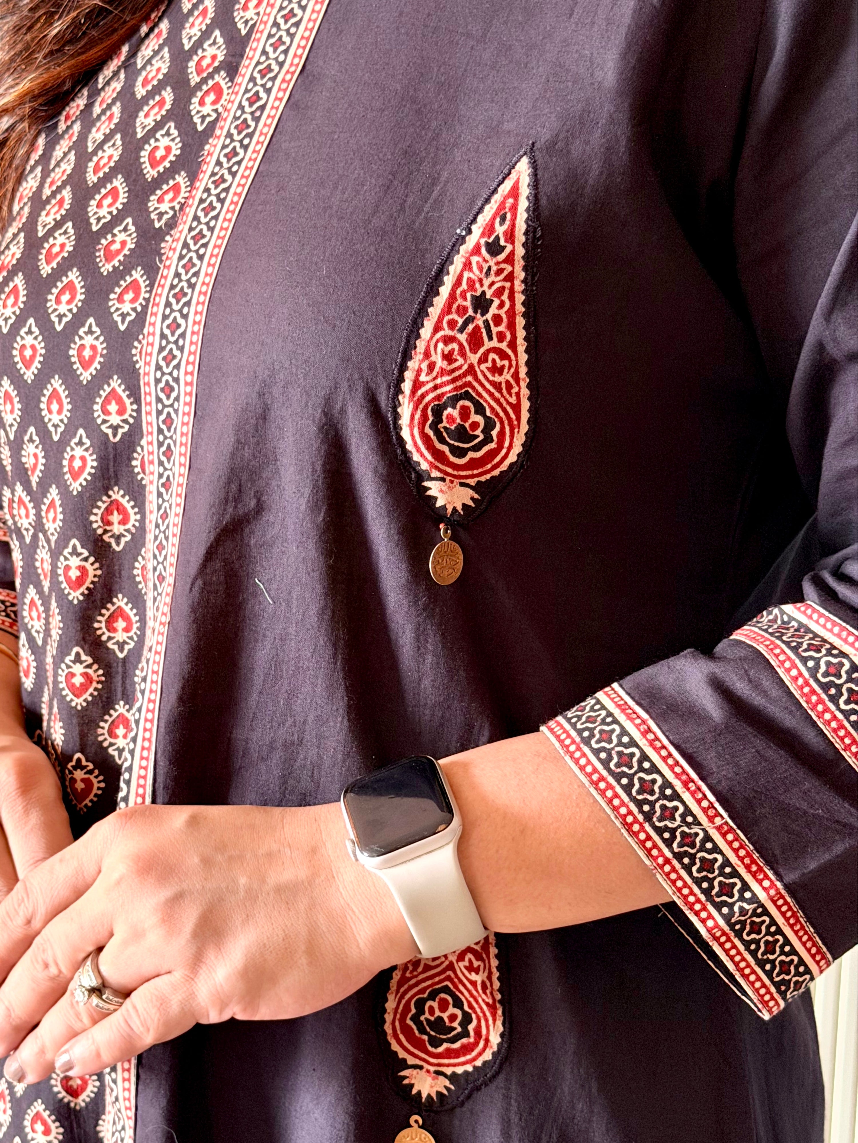 Laila Black Asymmetric Cotton Ajrakh Kurta Set