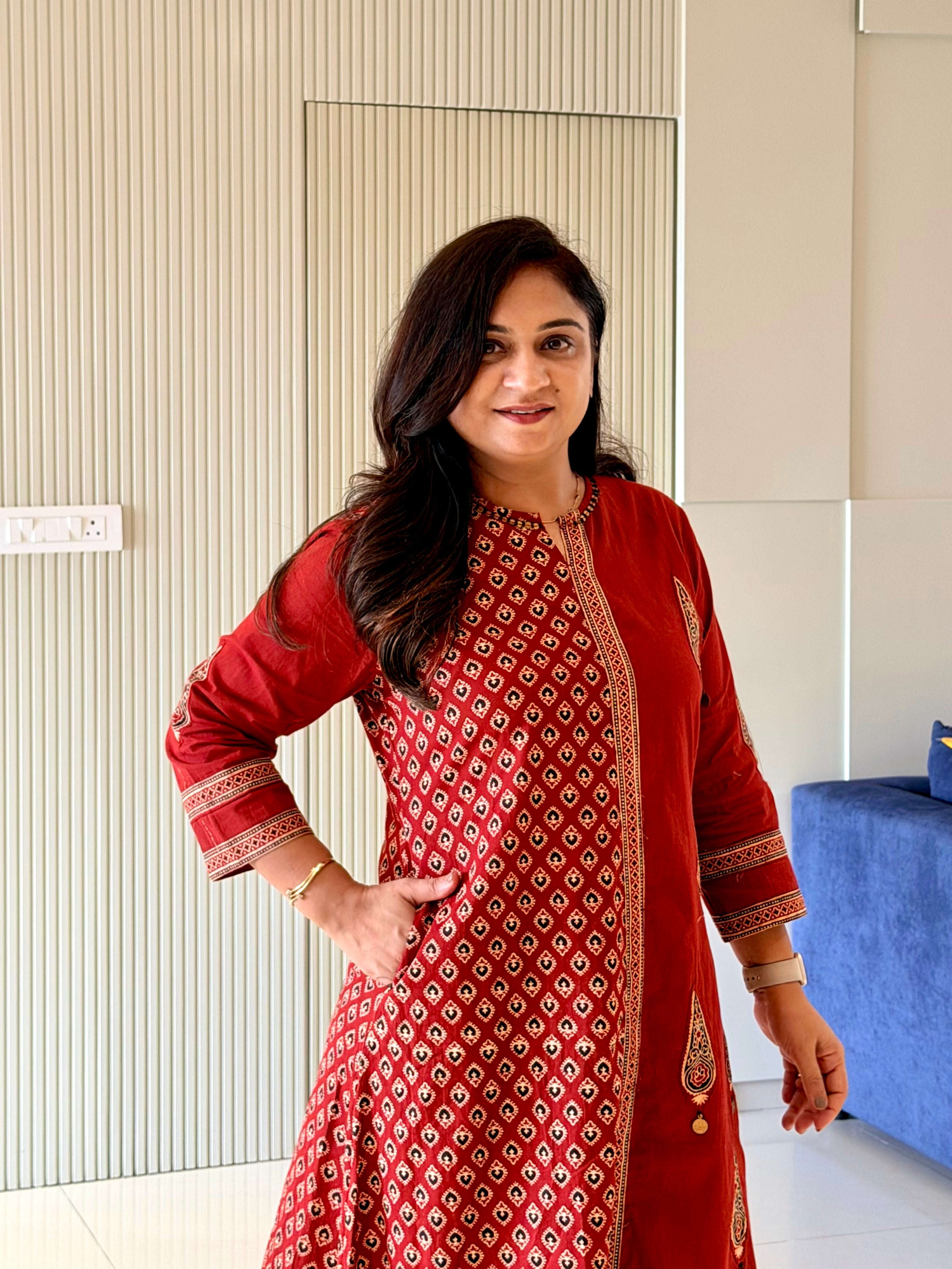Laila Maroon Cotton Asymmetric Ajrakh Kurta Set