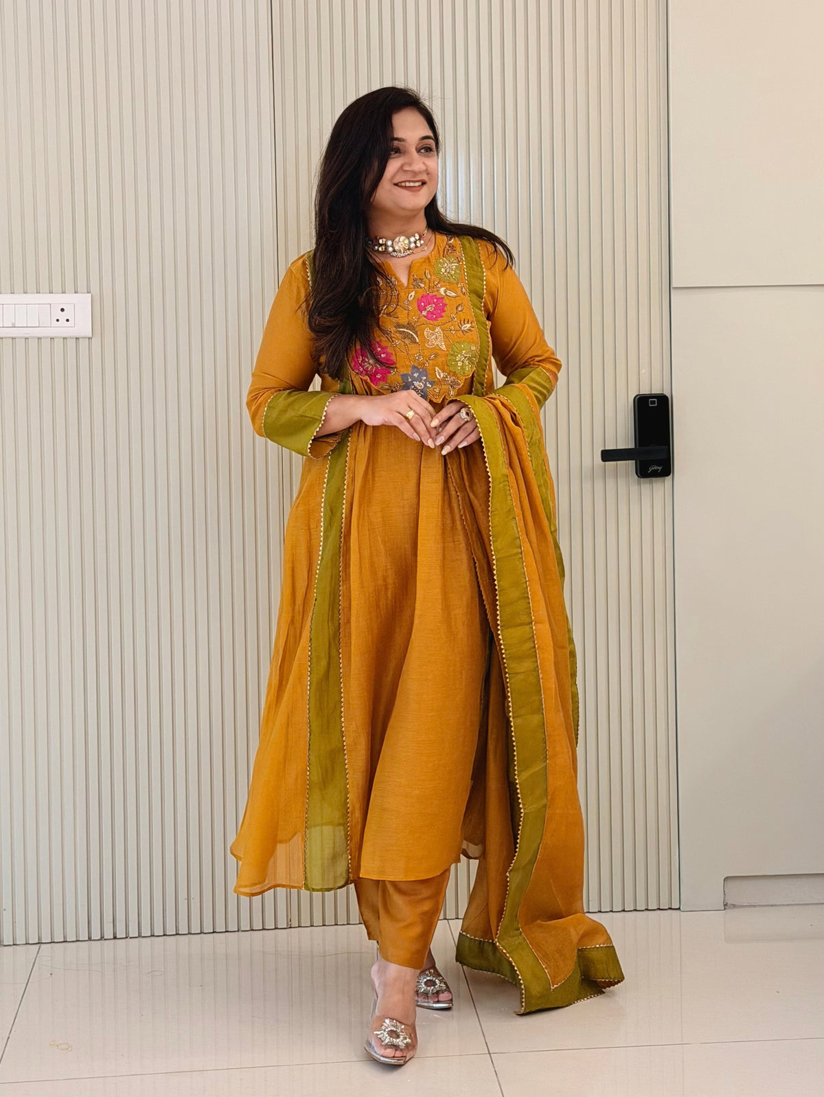 Sejal Yellow Mul Chanderi HandEmbroidered A-line Dupatta Set