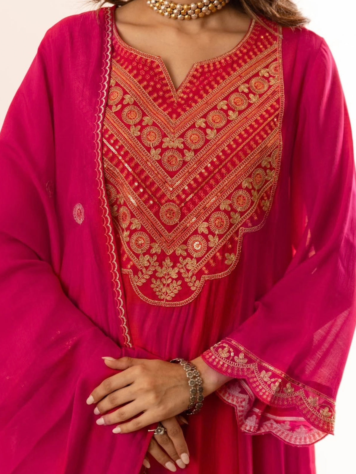 Zola Pink Mul Chanderi Embroidered A-line Dupatta Set