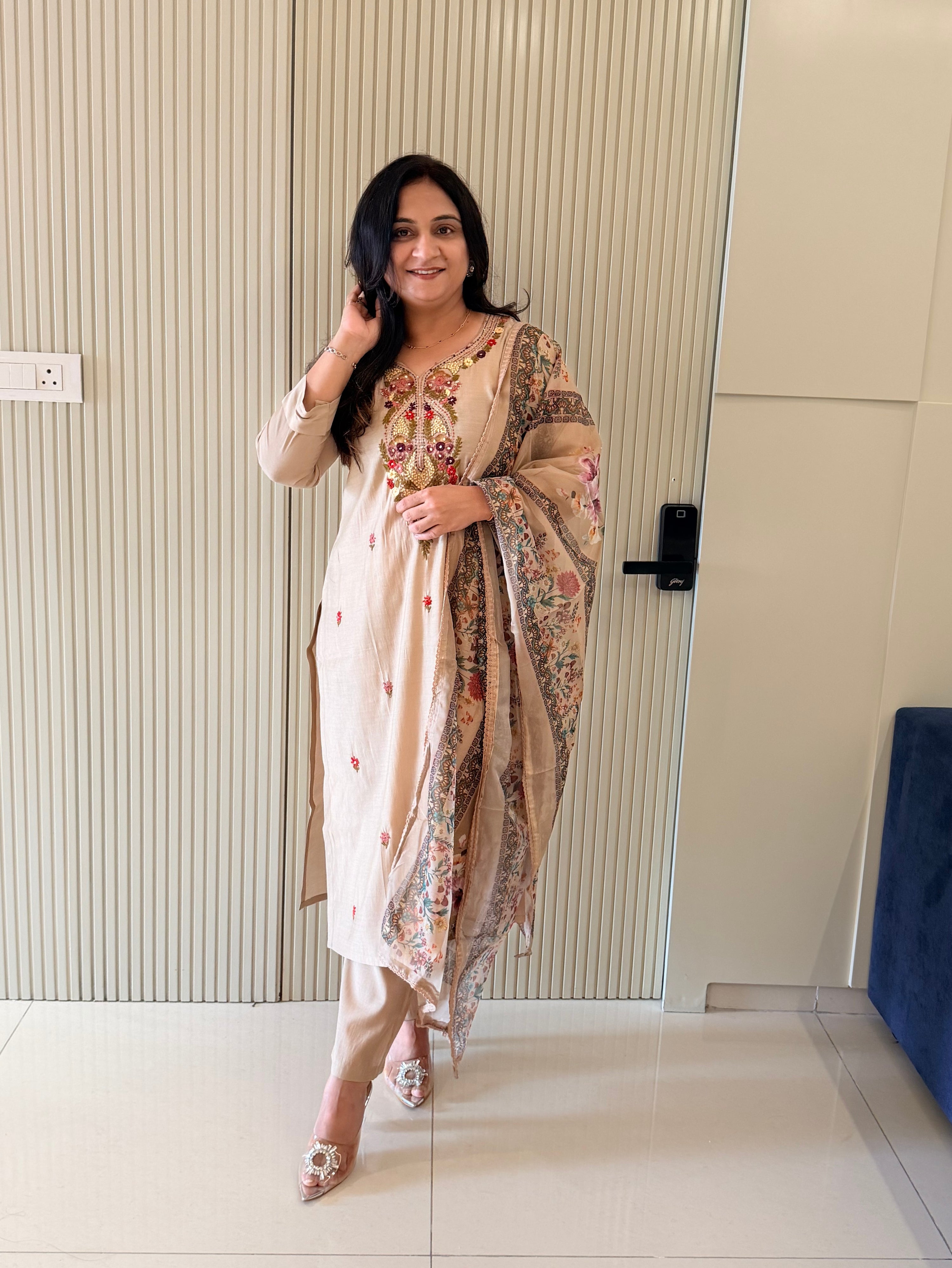Rubina Beige Modal Silk HandEmbroidered Dupatta Set