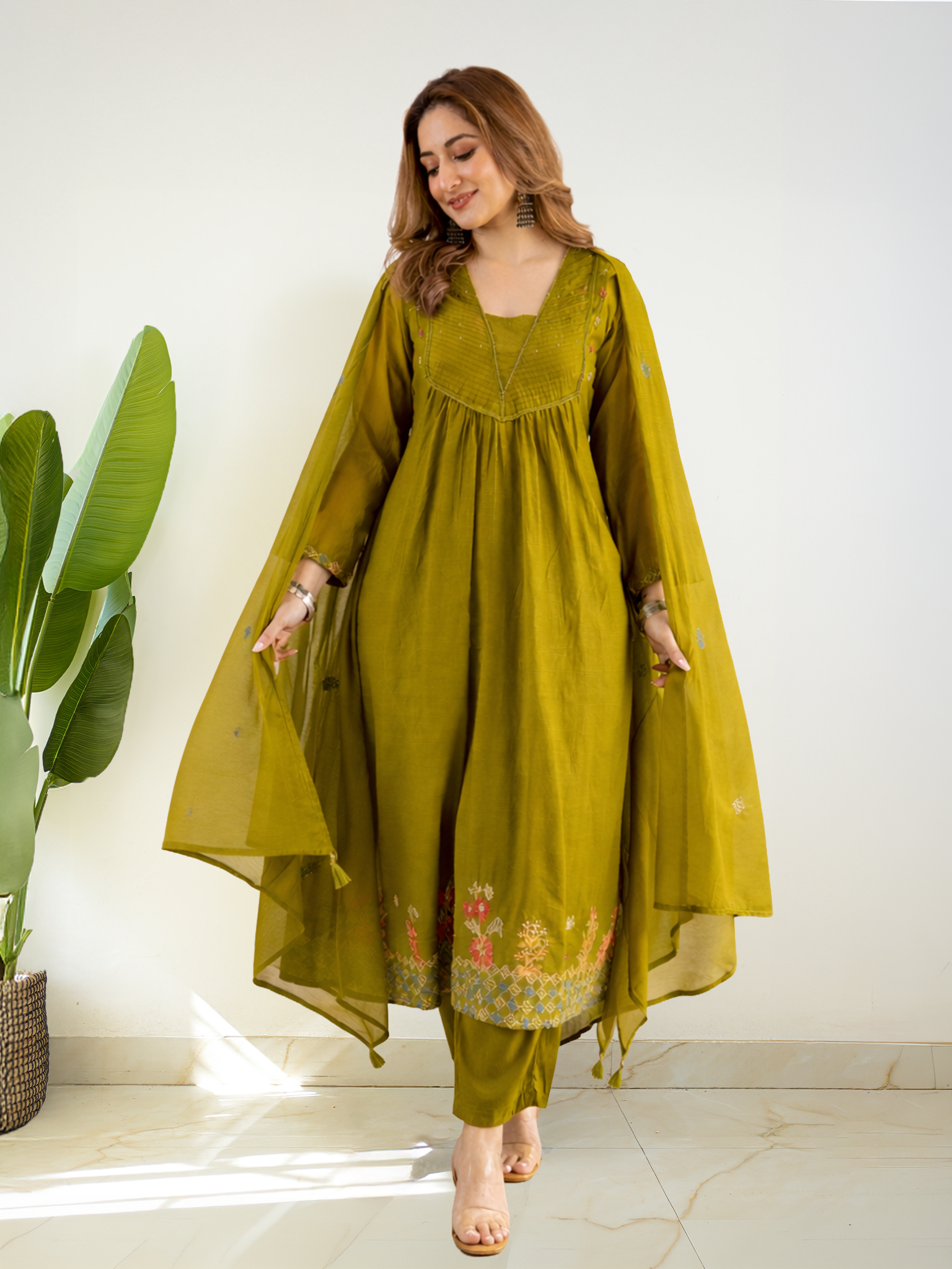 Ayla Green Kota Doria Embroidered A-line Dupatta Set