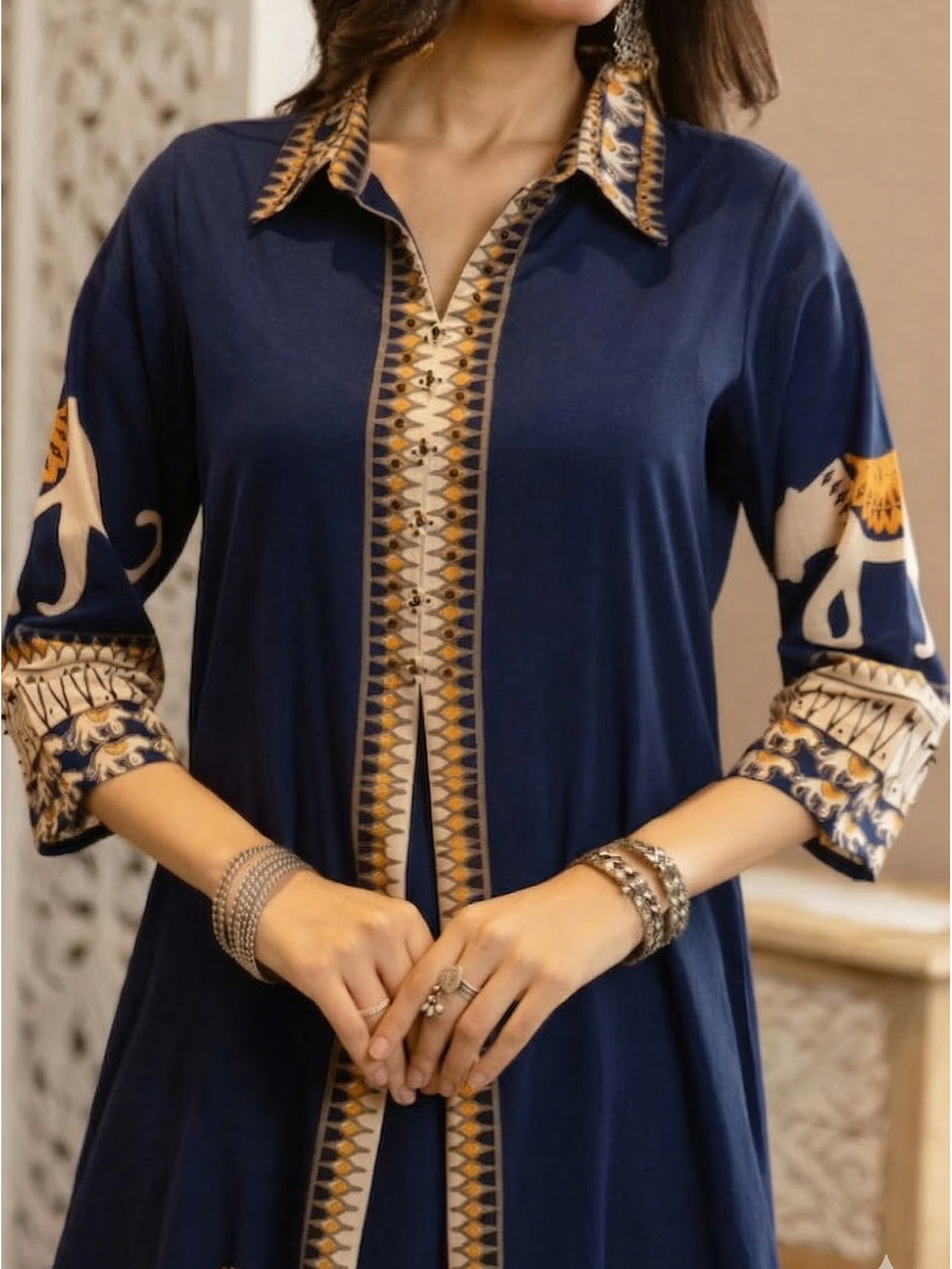 Kiara Blue Tribal Bagh Cotton BeadWork Kurta Set