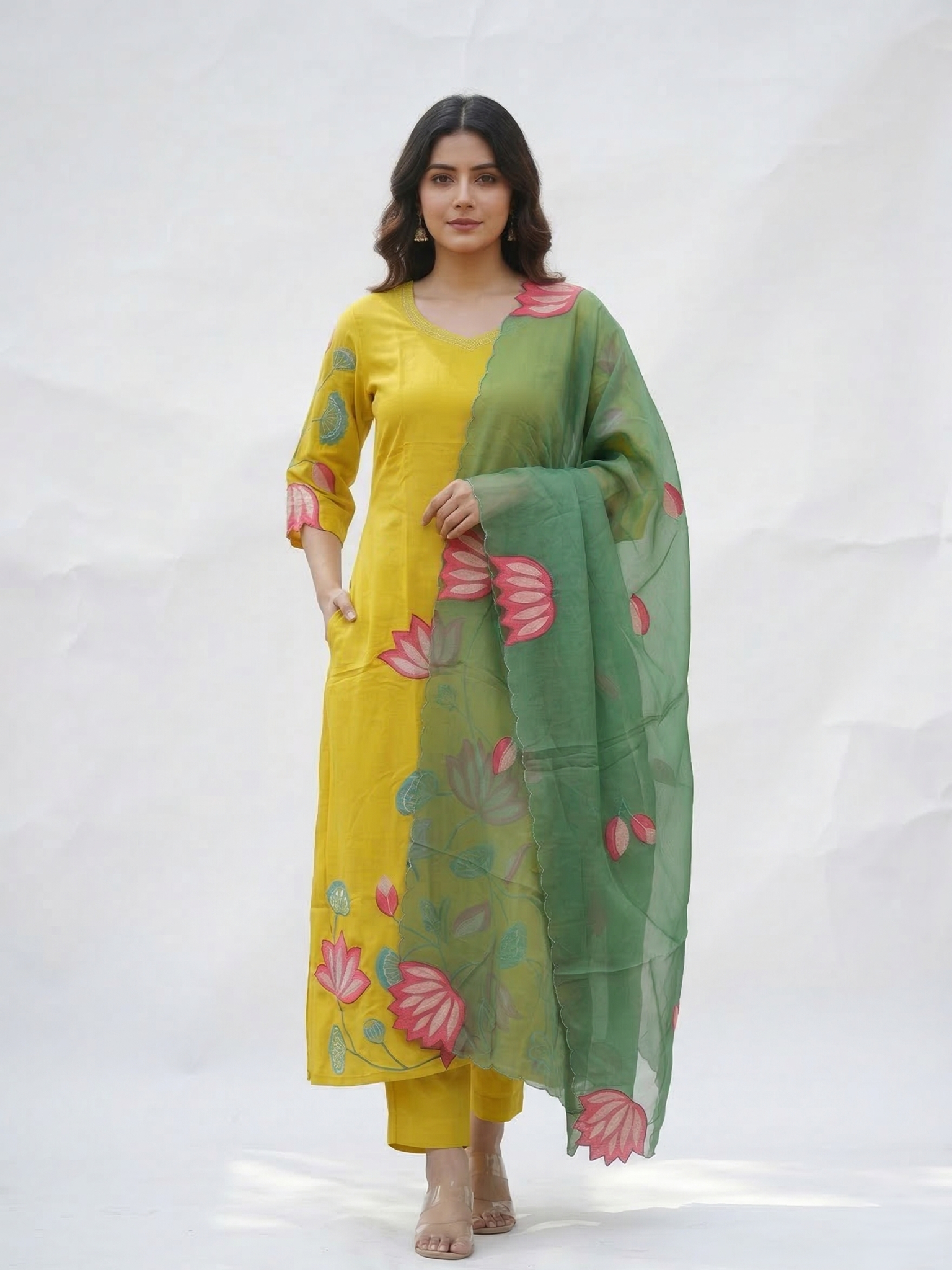 Kiara Yellow Russian Silk A-line Applique Deatiled Dupatta Set