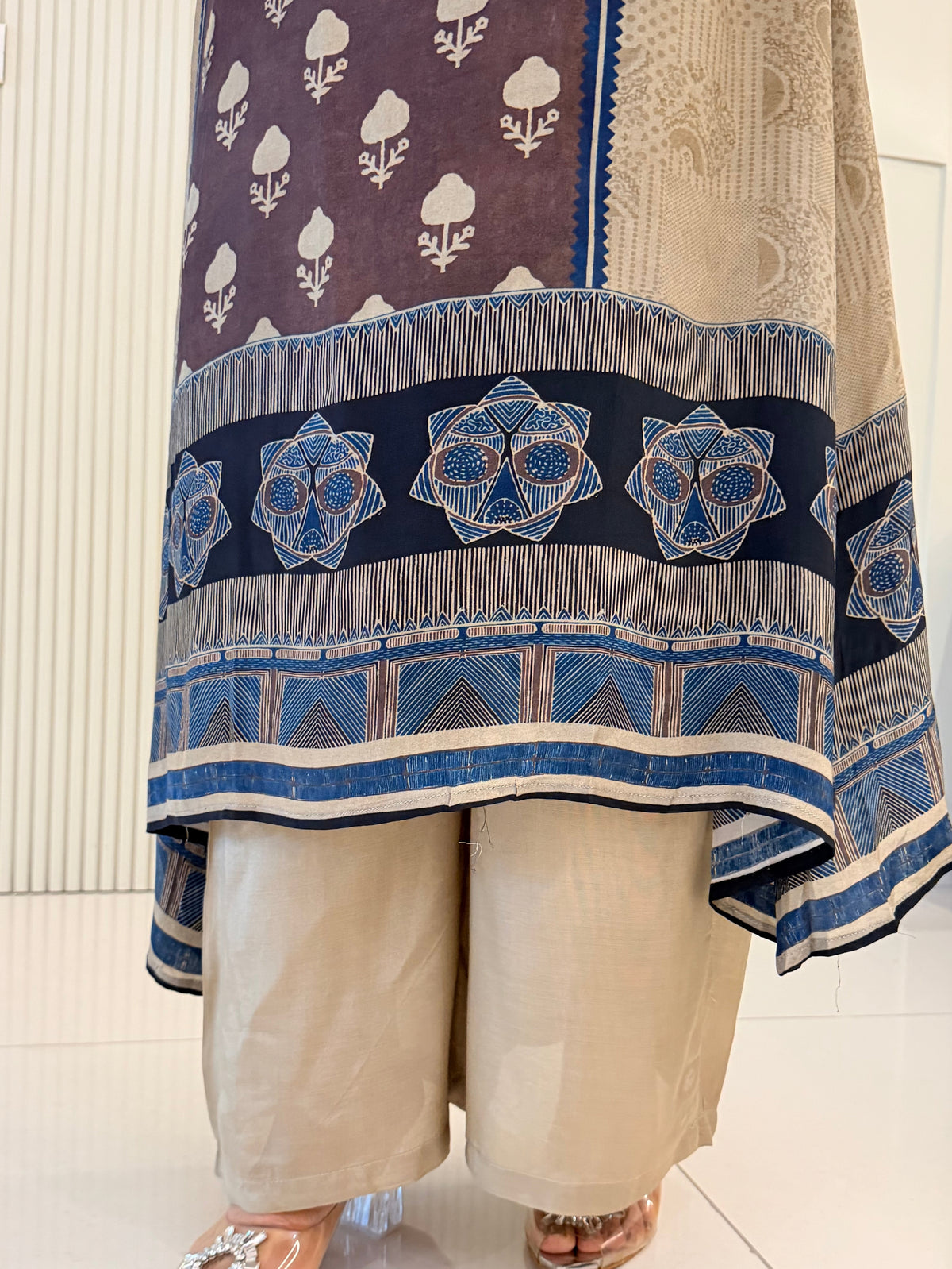 Rusha Beige Natural Crape Asymmetric HandEmbroidered Dupatta Set