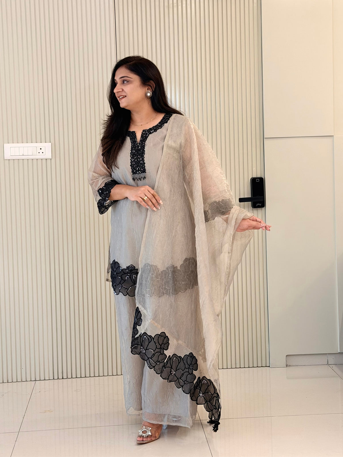 Aayat Grey Shimmer Tissue Applique HandEmbroidered Dupatta Set