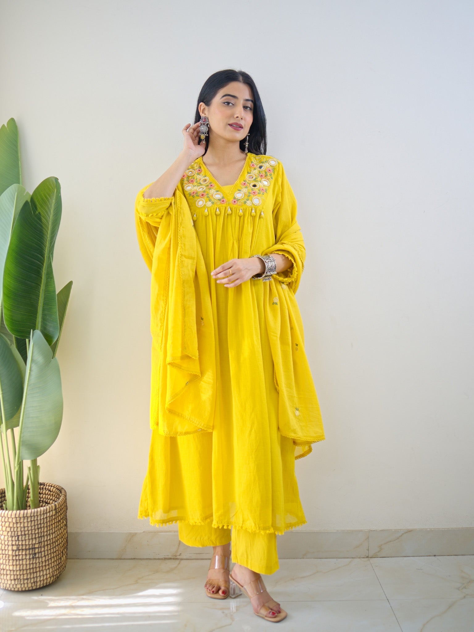 Samya Yellow MulCotton HandEmbroidered A-line Pant Set - The Jaipur Studio