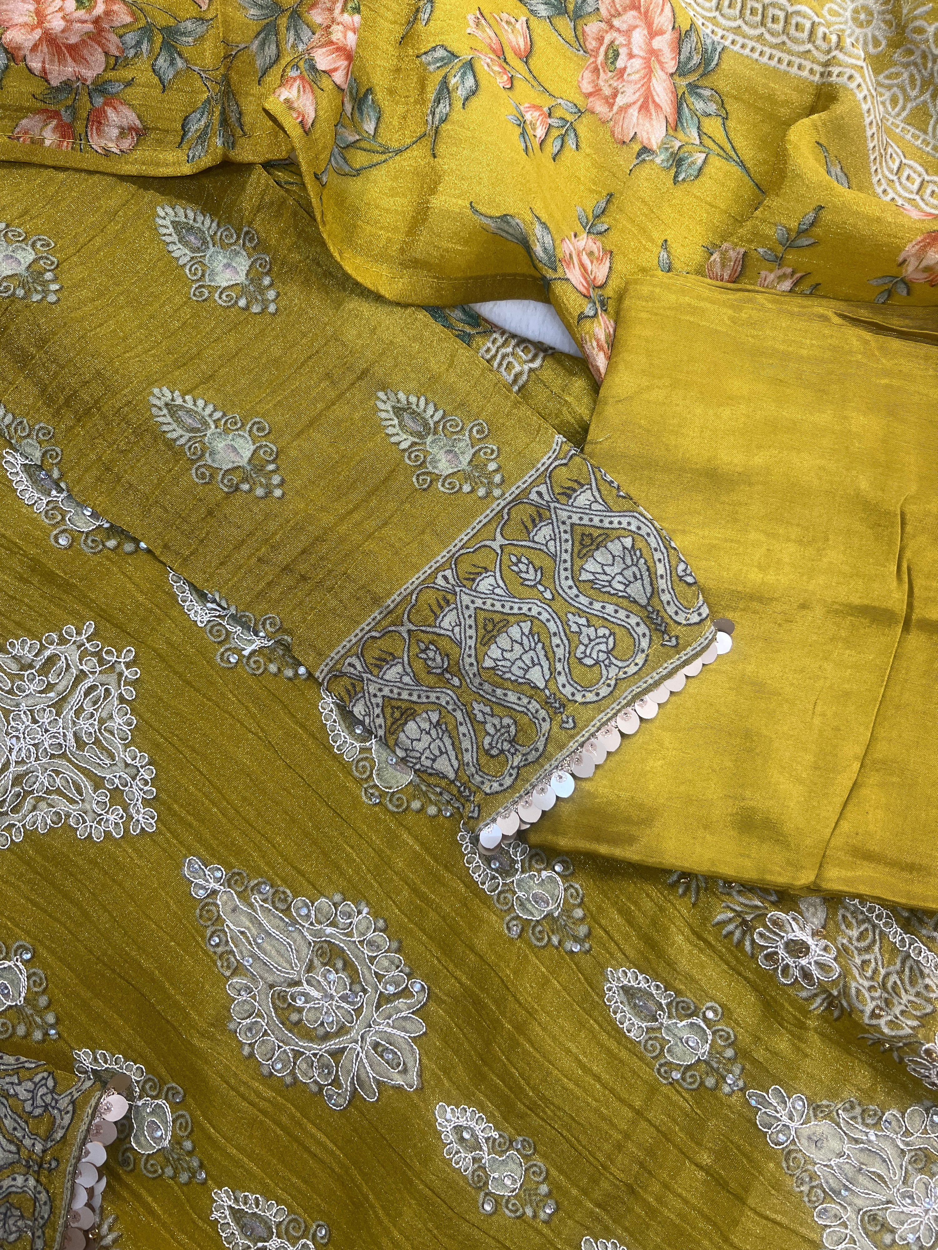 Nida Asymmetric Shimmer Tissue  Embroidered Pant Set