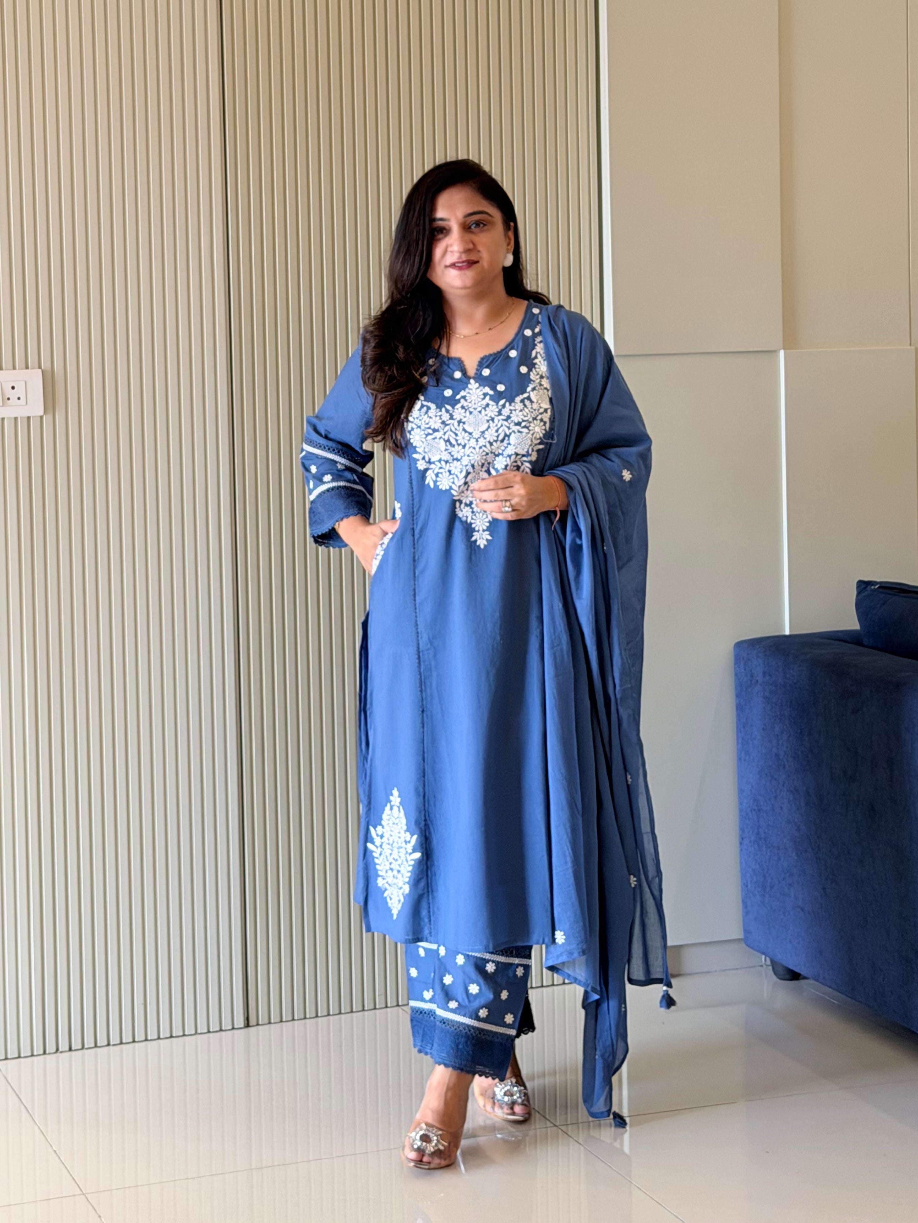 Naila Blue Premium Mul Cotton Embroidered Dupatta Set