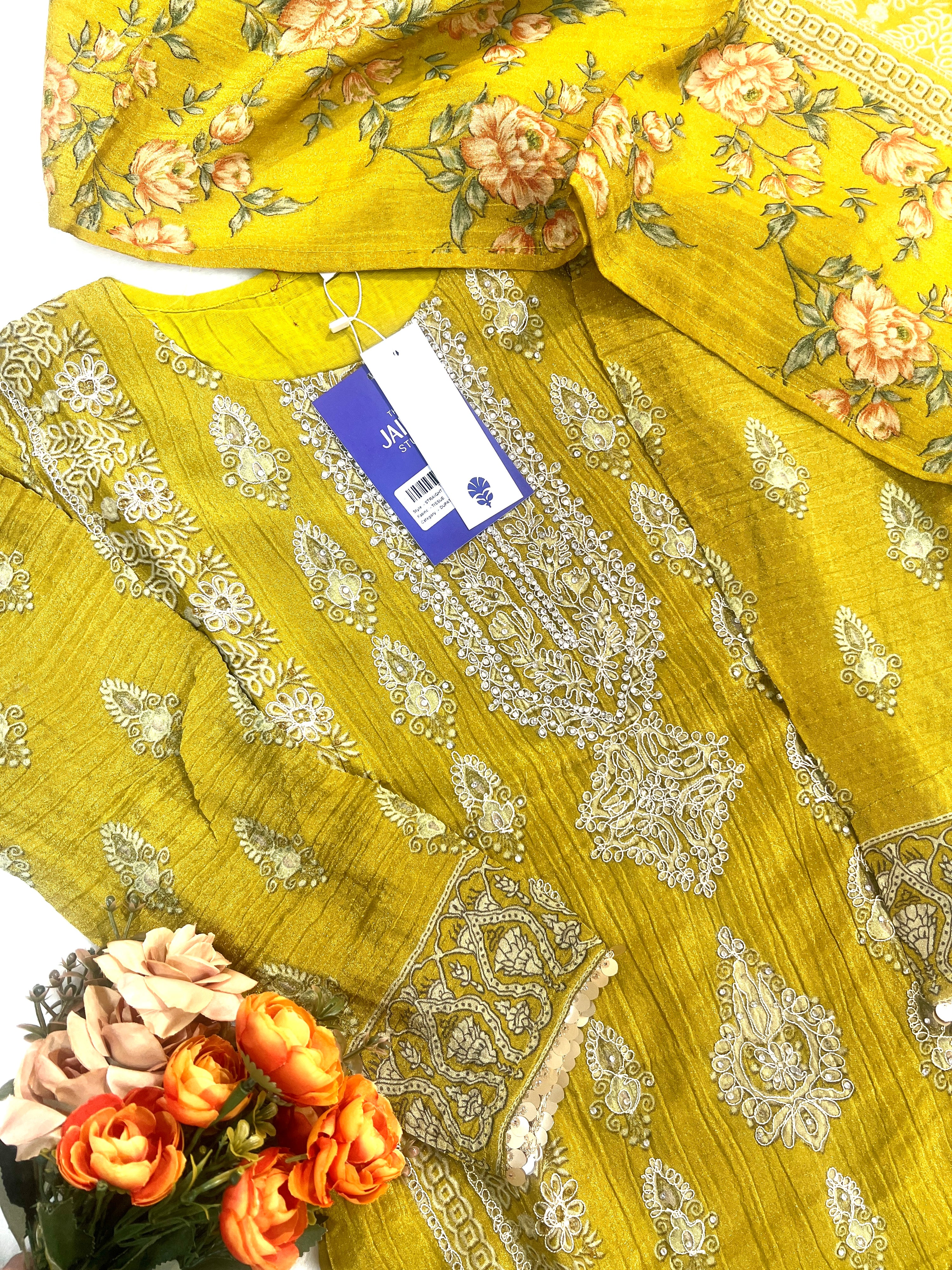 Nida Asymmetric Shimmer Tissue  Embroidered Pant Set