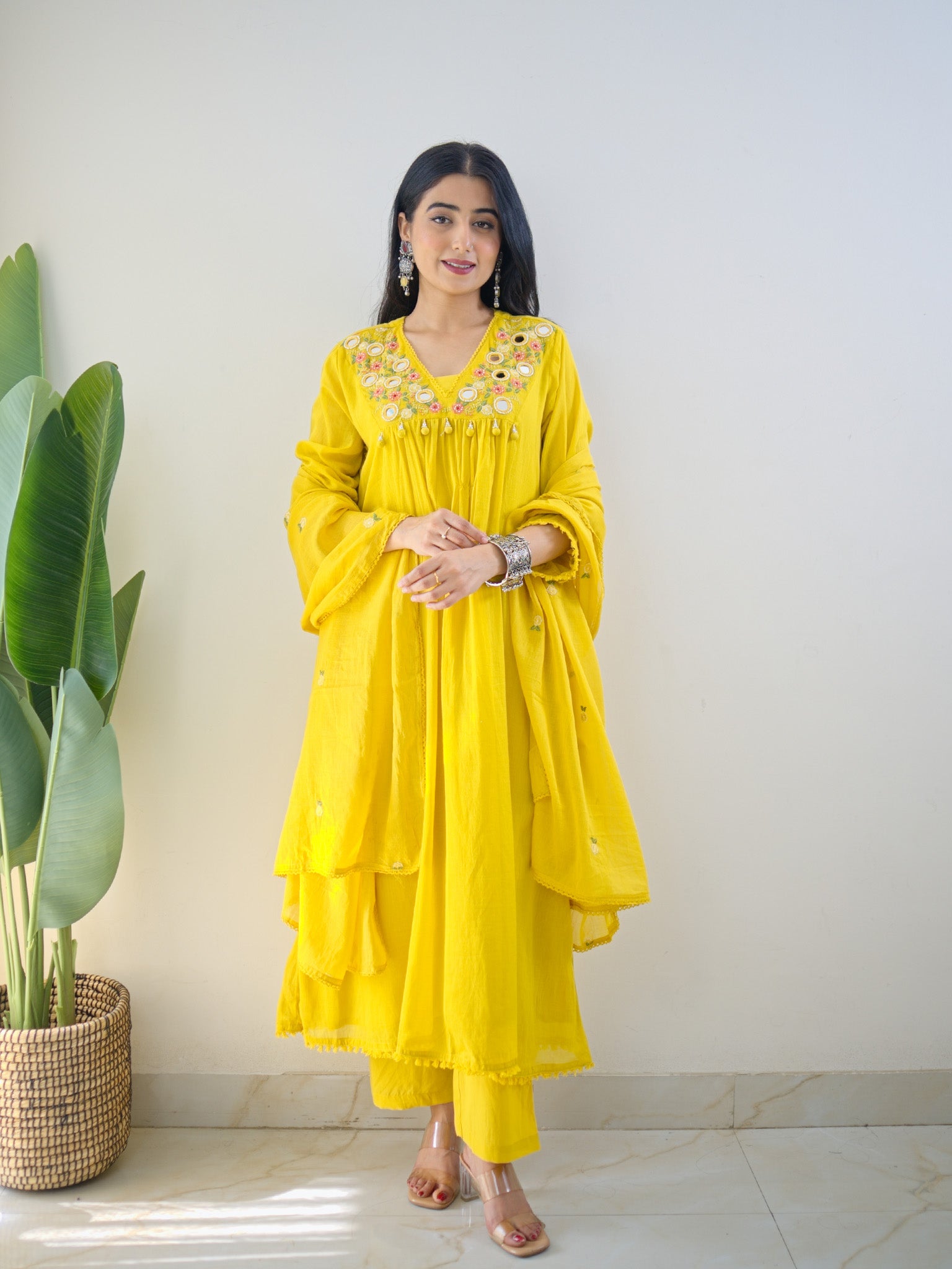 Samya Yellow MulCotton HandEmbroidered A-line Pant Set - The Jaipur Studio