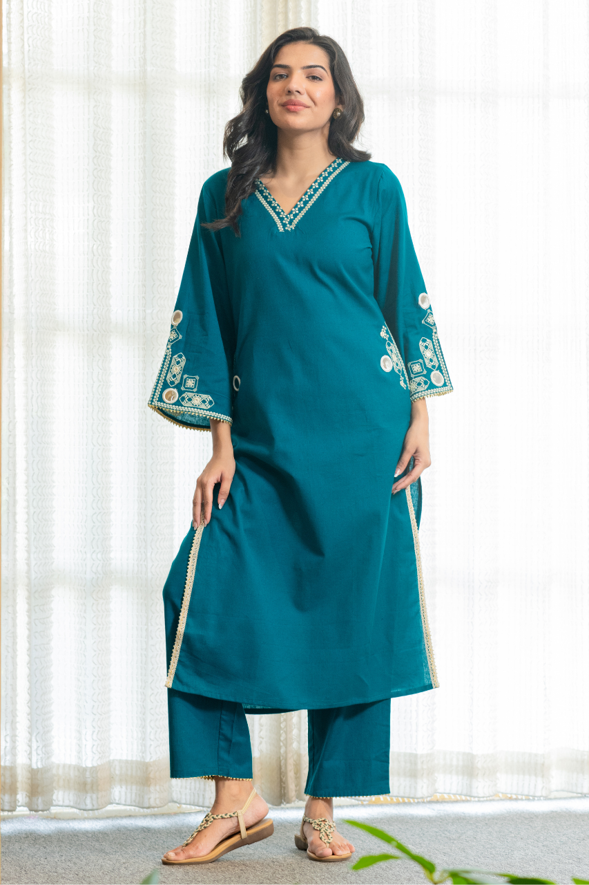 Kutch Embroidered Straight Pant Set With Pockets