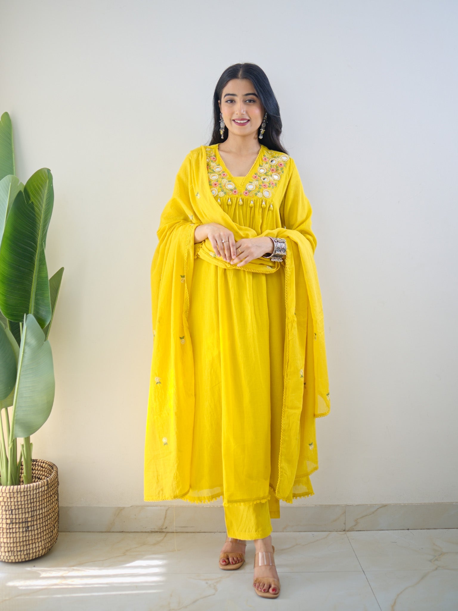 Samya Yellow MulCotton HandEmbroidered A-line Pant Set - The Jaipur Studio