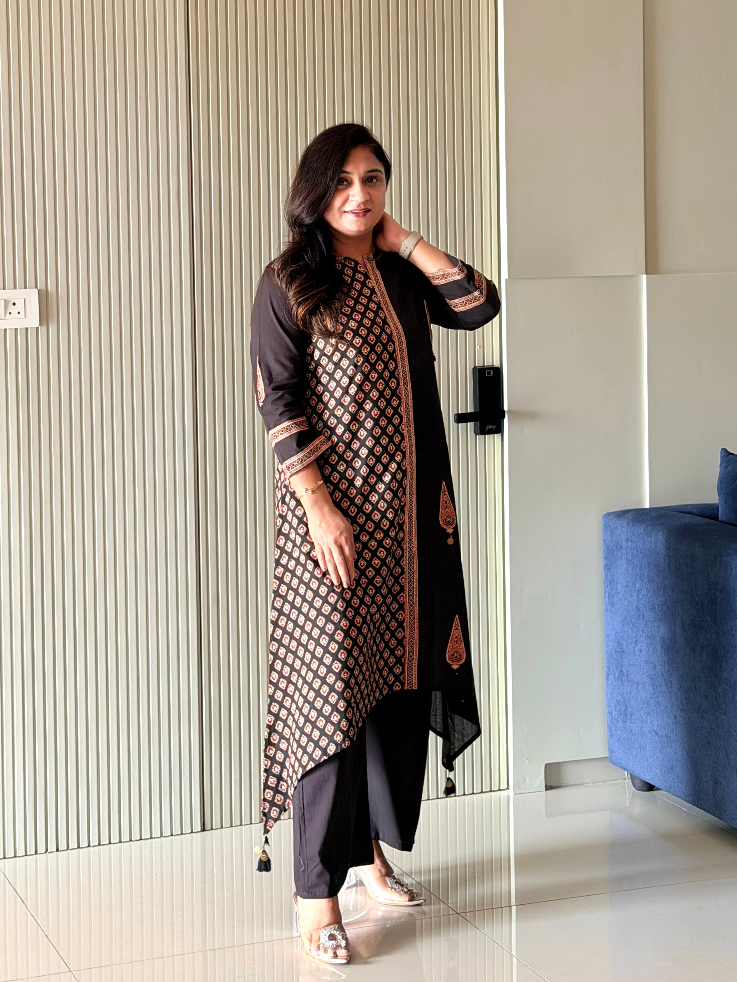 Laila Black Asymmetric Cotton Ajrakh Kurta Set