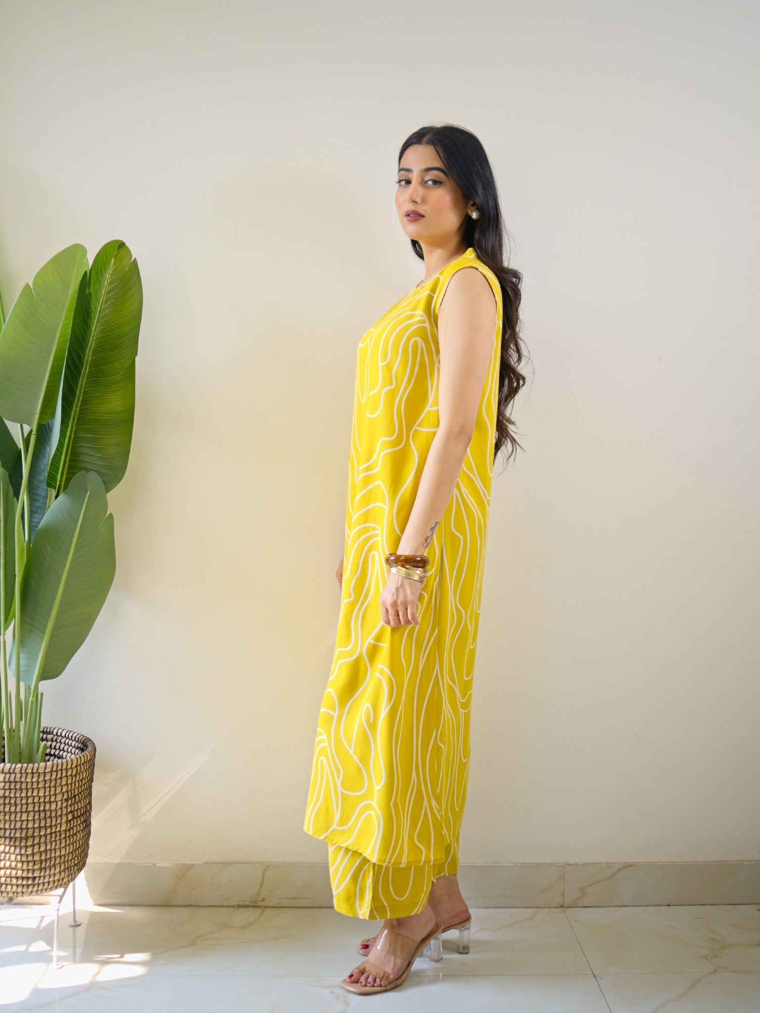 Yellow Rayon Geometric Print A-line Coord Set