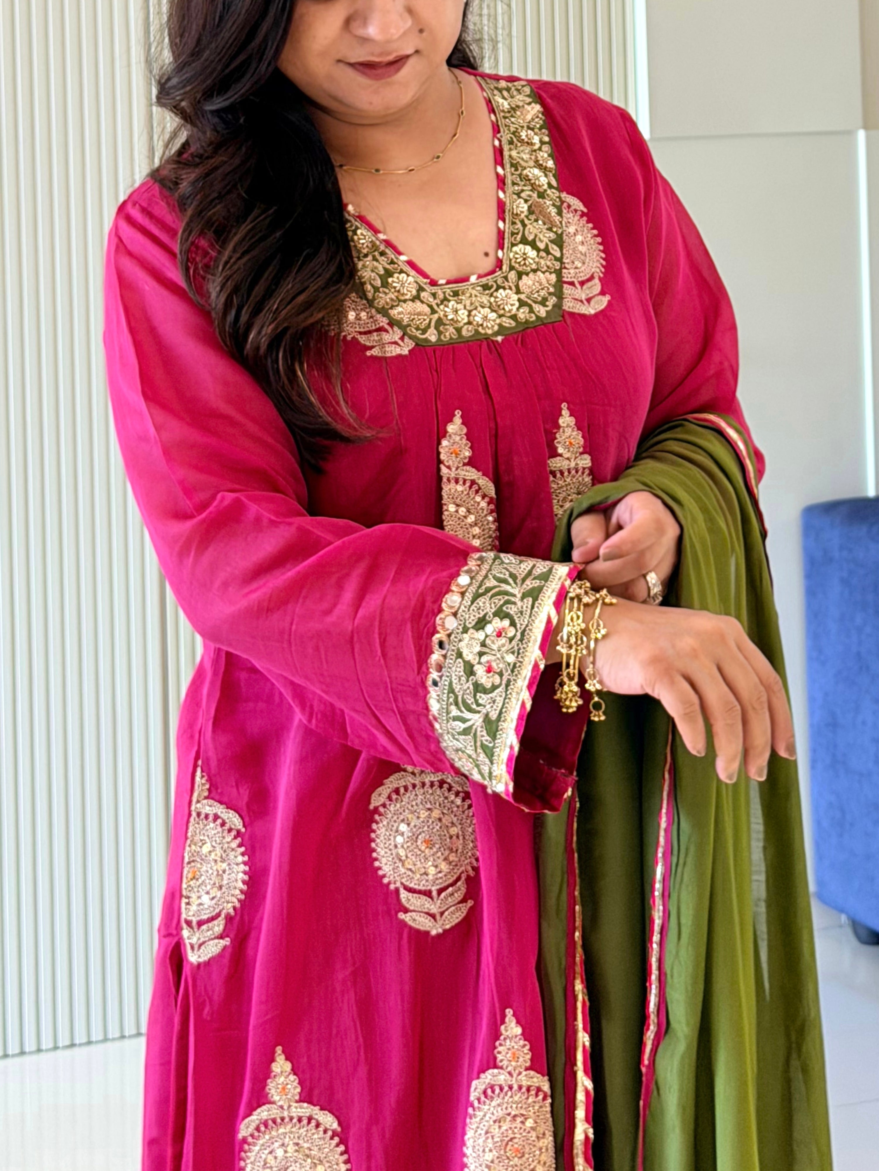 Suhani Pink Mul Chanderi Embroidered A-line Dupatta Set