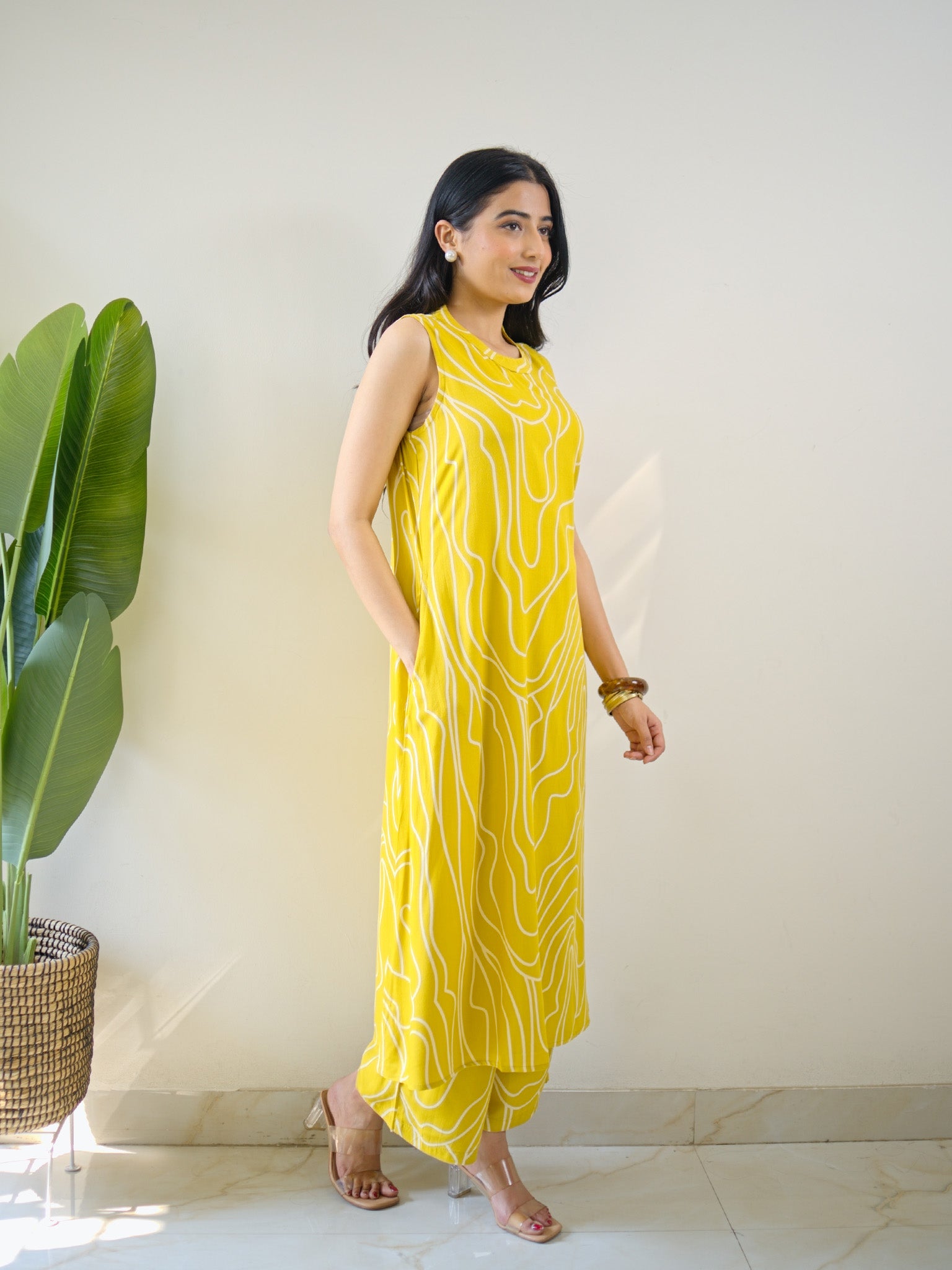 Yellow Rayon Geometric Print A-line Coord Set