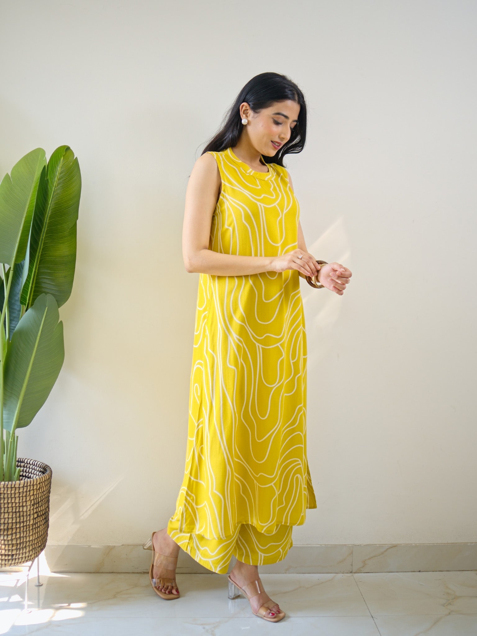 Yellow Rayon Geometric Print A-line Coord Set