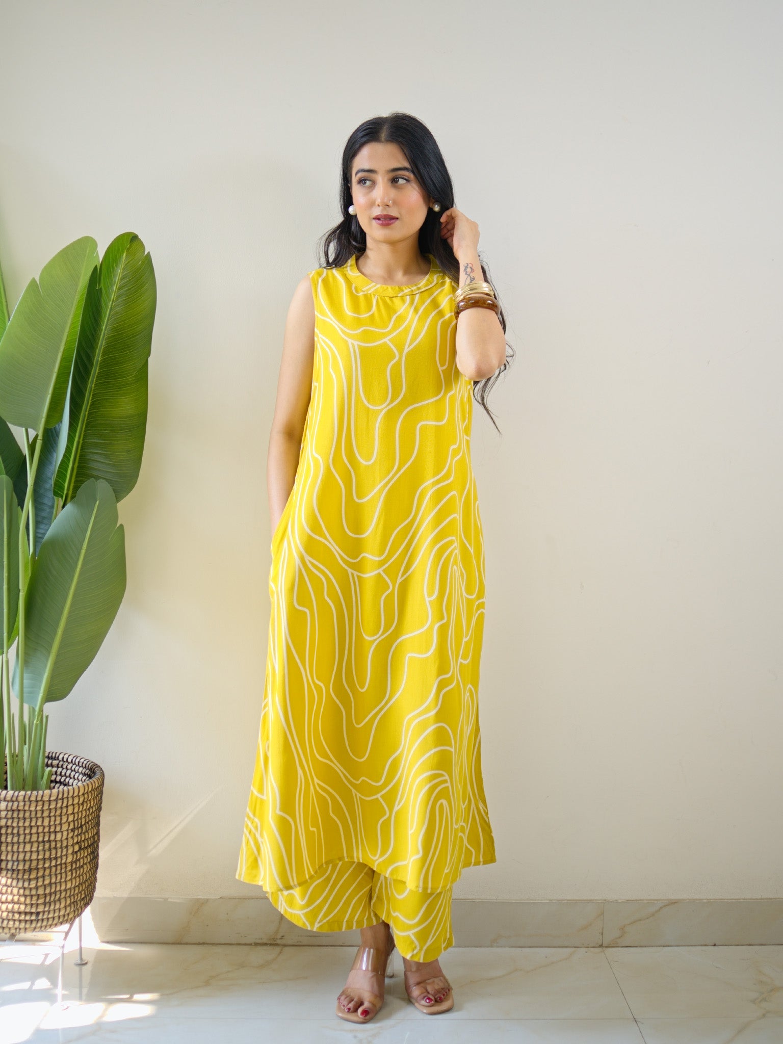 Yellow Rayon Geometric Print A-line Coord Set
