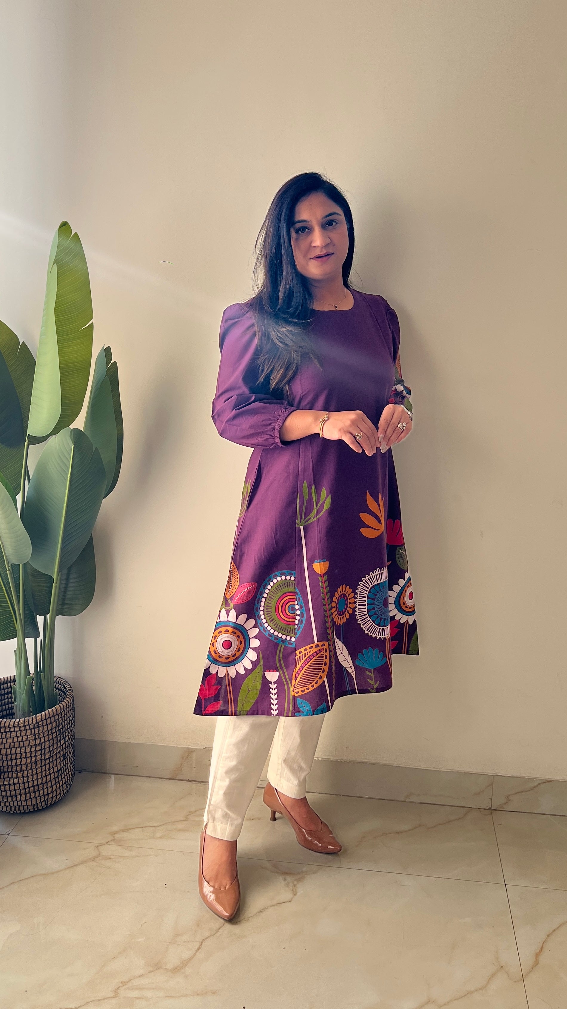 Purple Cotton Floral A-line Kurta