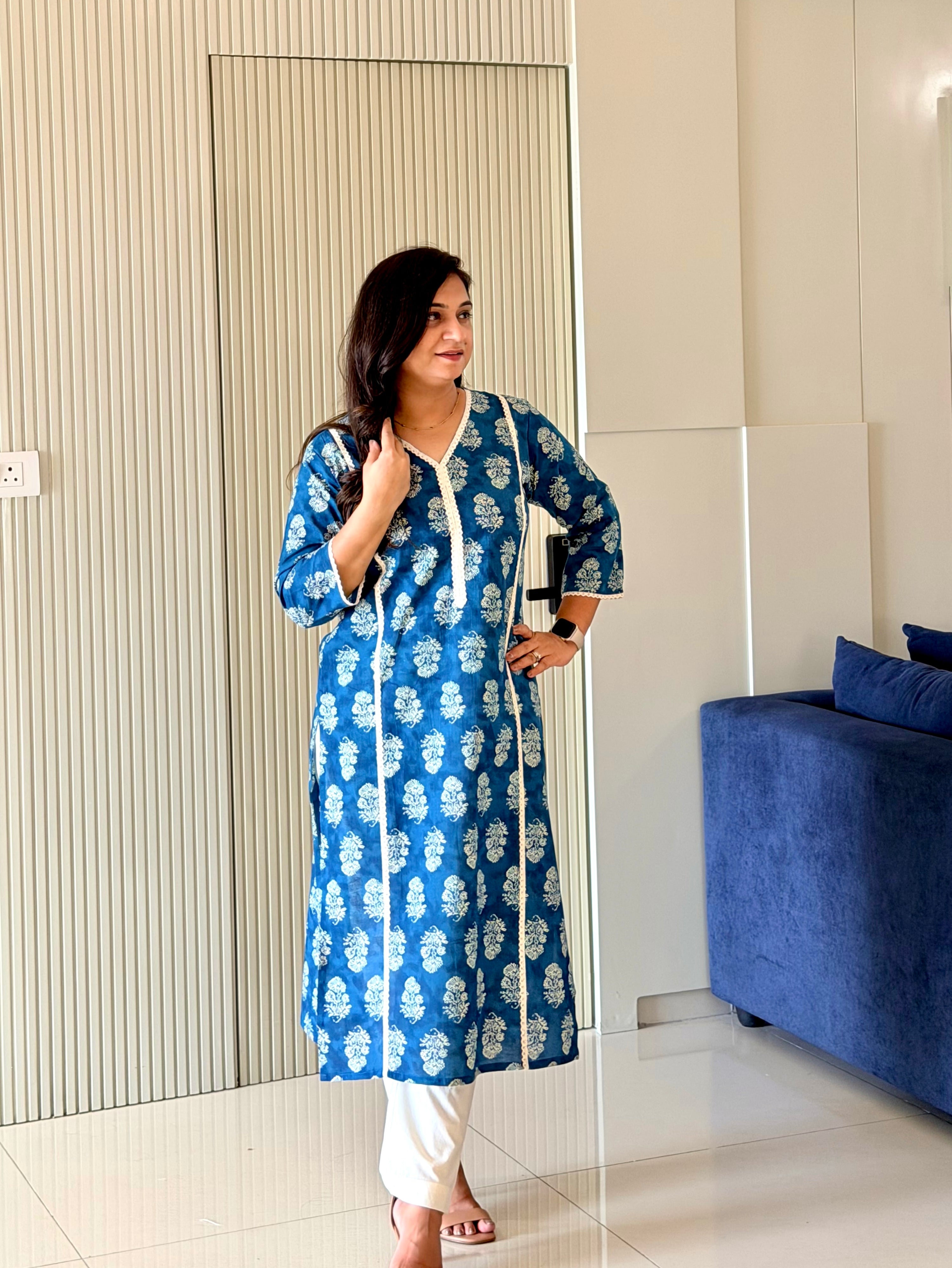 Fariha Deep Blue Cotton Floral Casual Straight Kurta