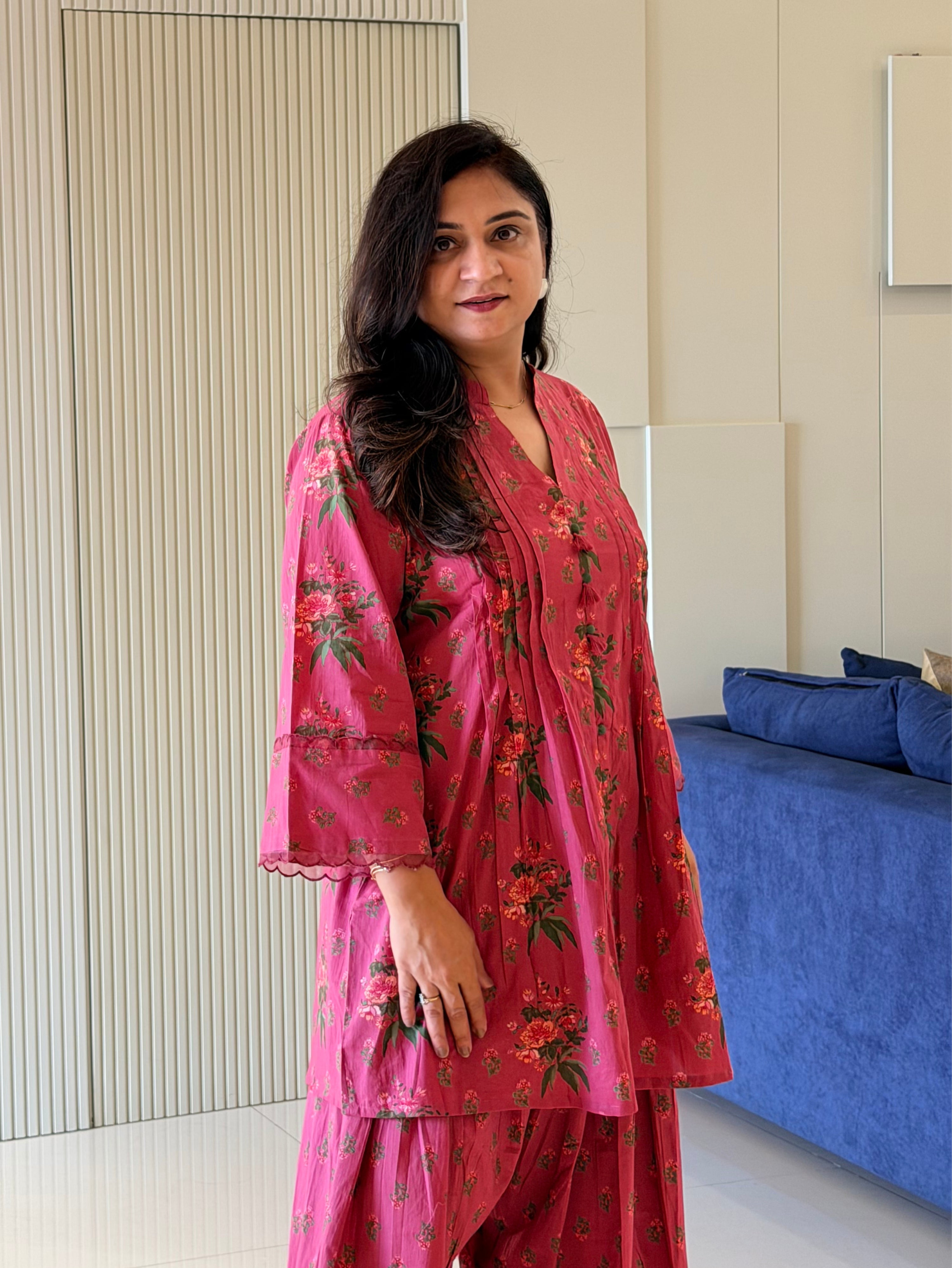 Zubeda Pink Cotton Floral A-line Farshi Coord Set