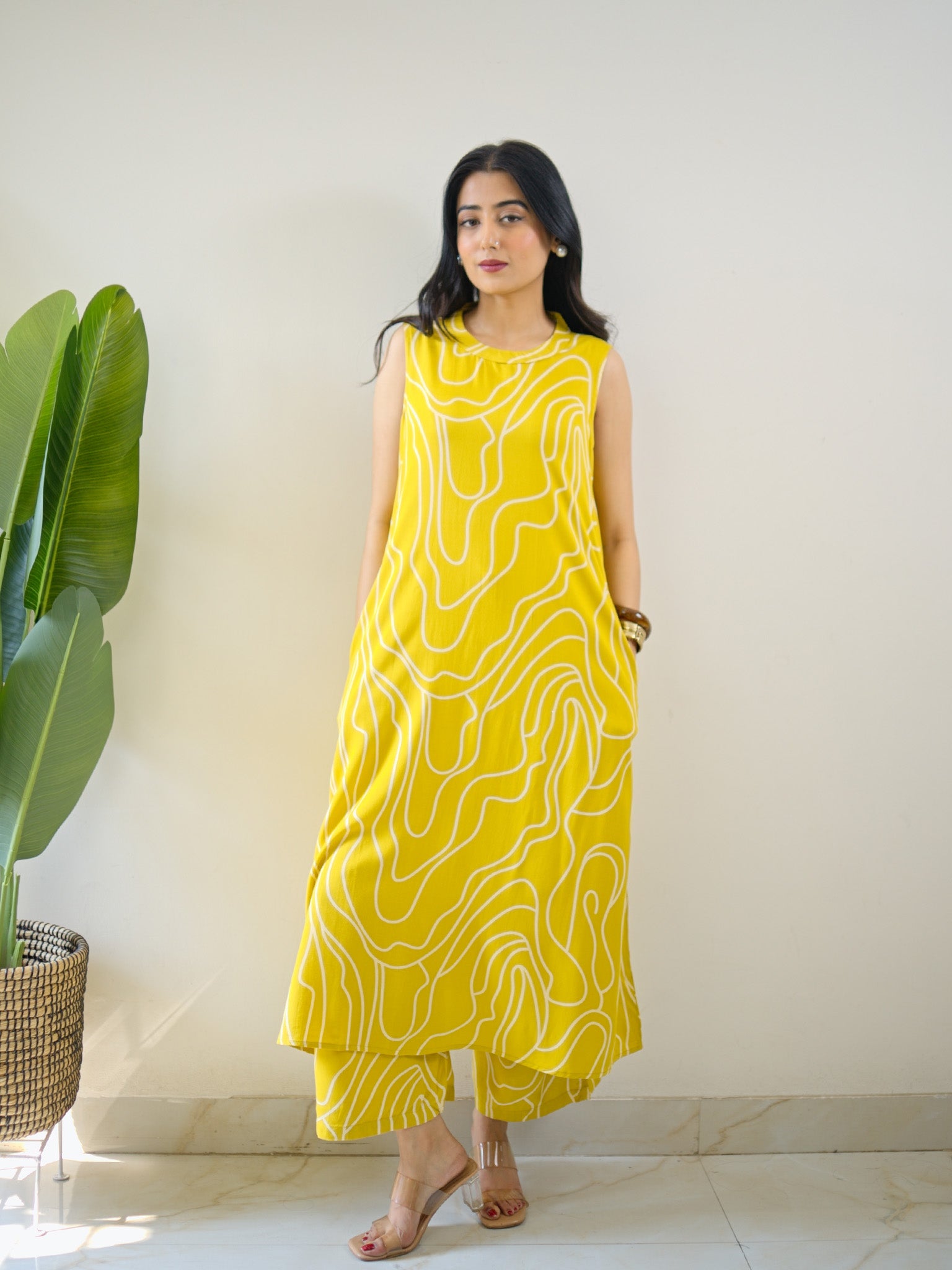 Yellow Rayon Geometric Print A-line Coord Set