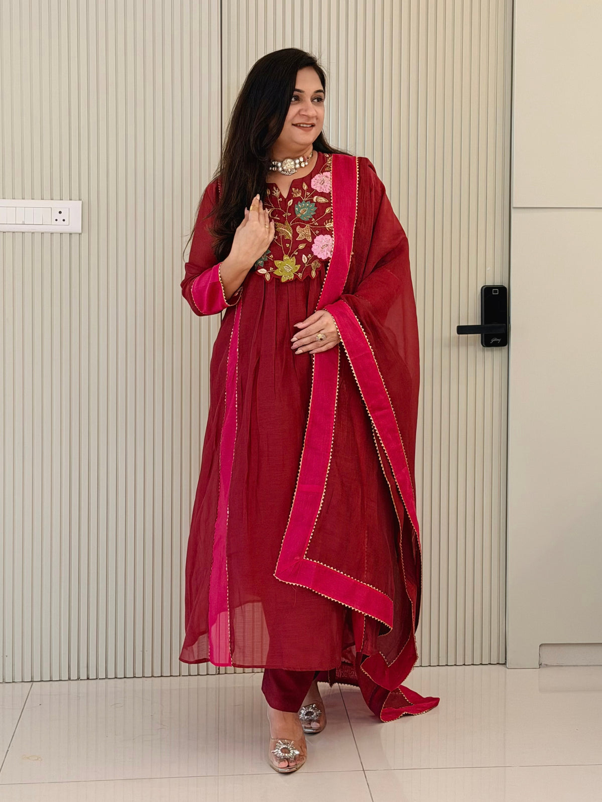 Sejal Mergenta Pink Mul Chanderi HandEmbroidered A-line Dupatta Set