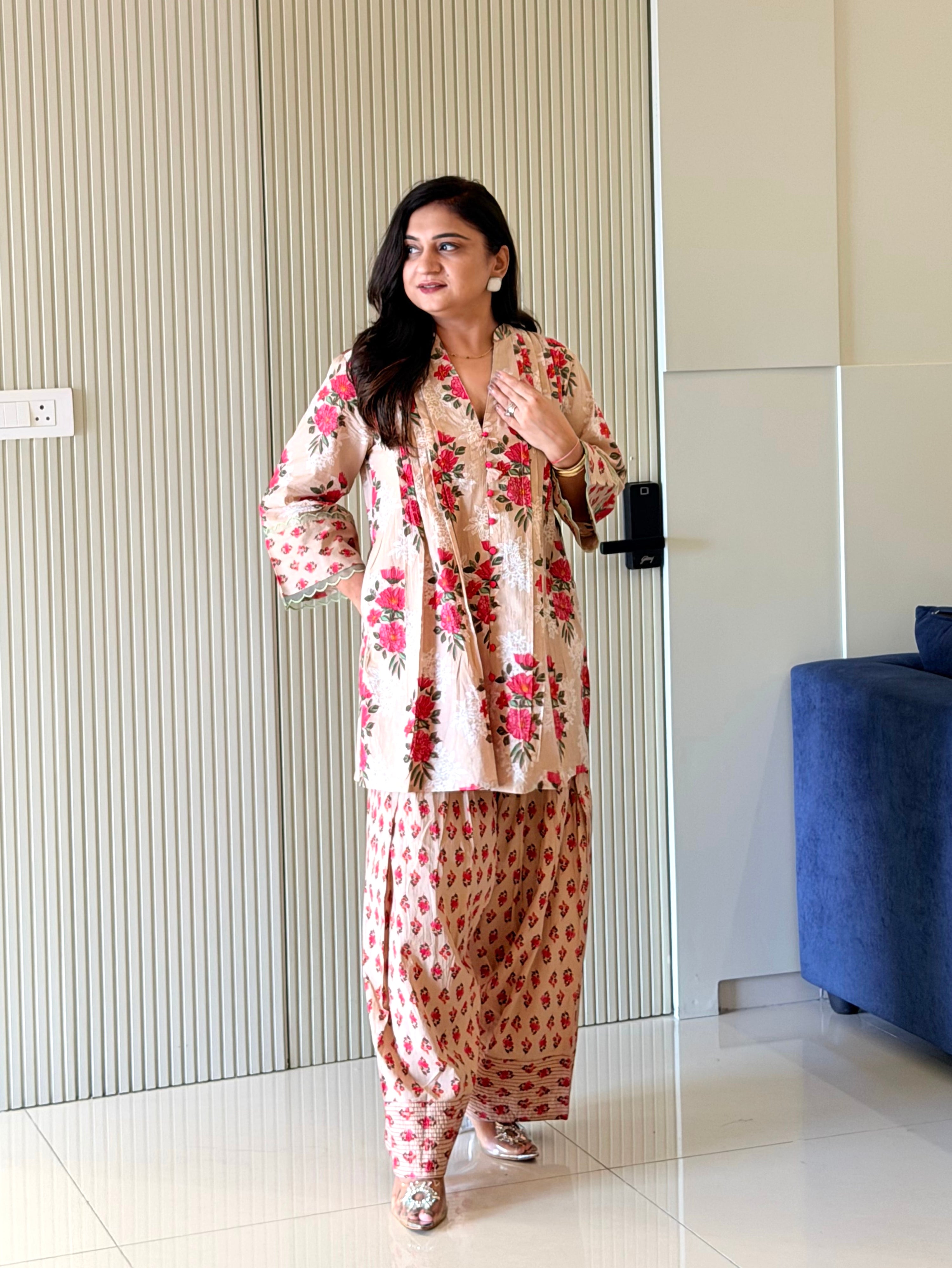 Zubeda Beige Cotton Floral A-line Farshi Coord  Set