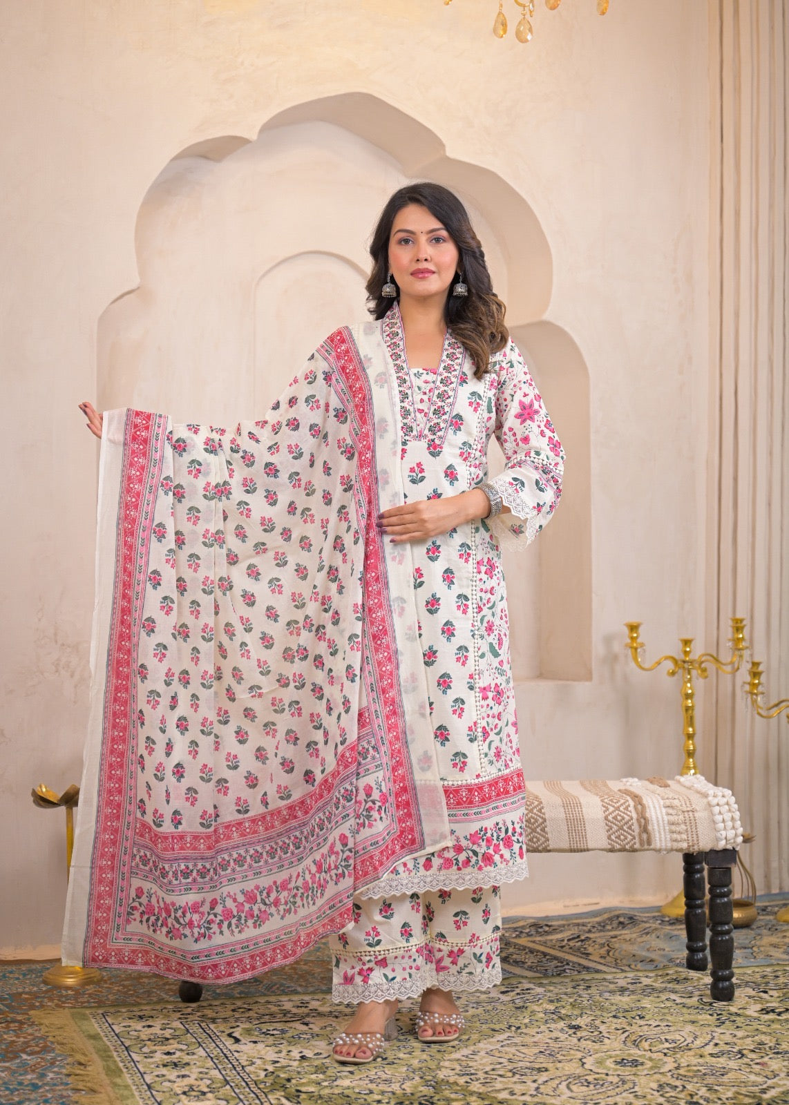 Kaaya White Pink Cotton Embroidered Dupatta Set