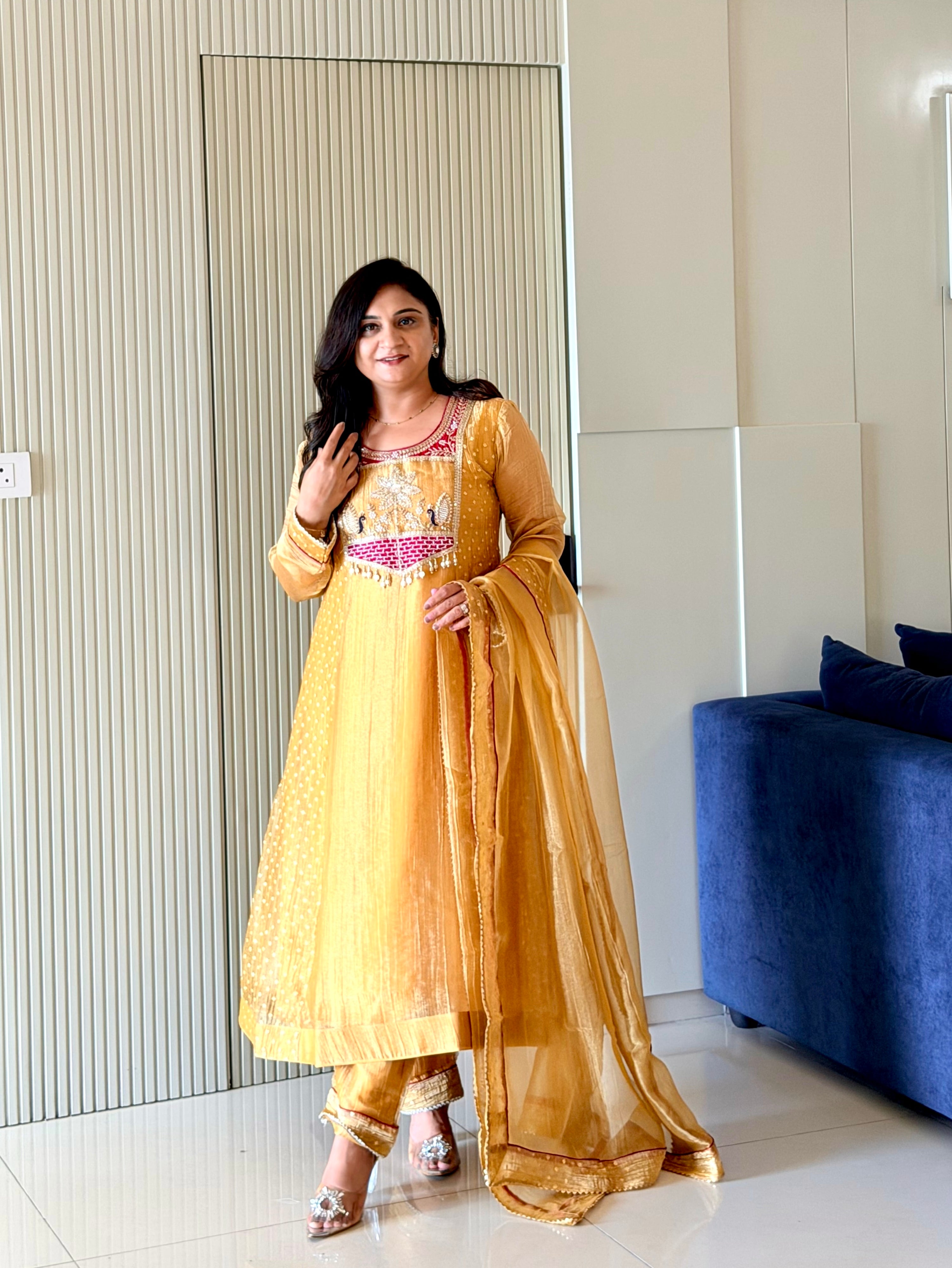 Rehana Yellow Shimmer Tissue Embroidered Anarkali Dupatta Set