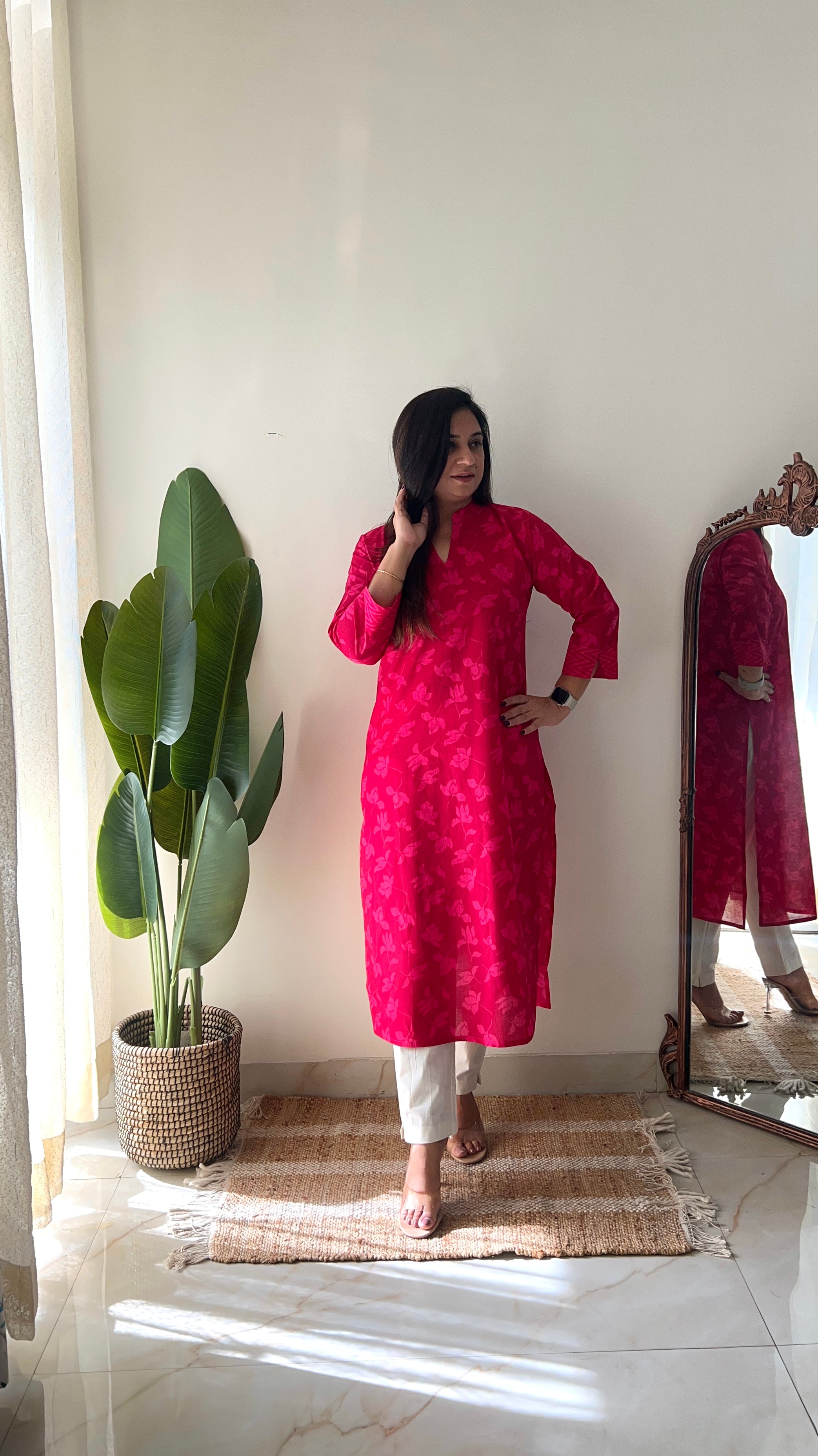 Pink Floral Casual Cotton Straight Kurta - The Jaipur Studio