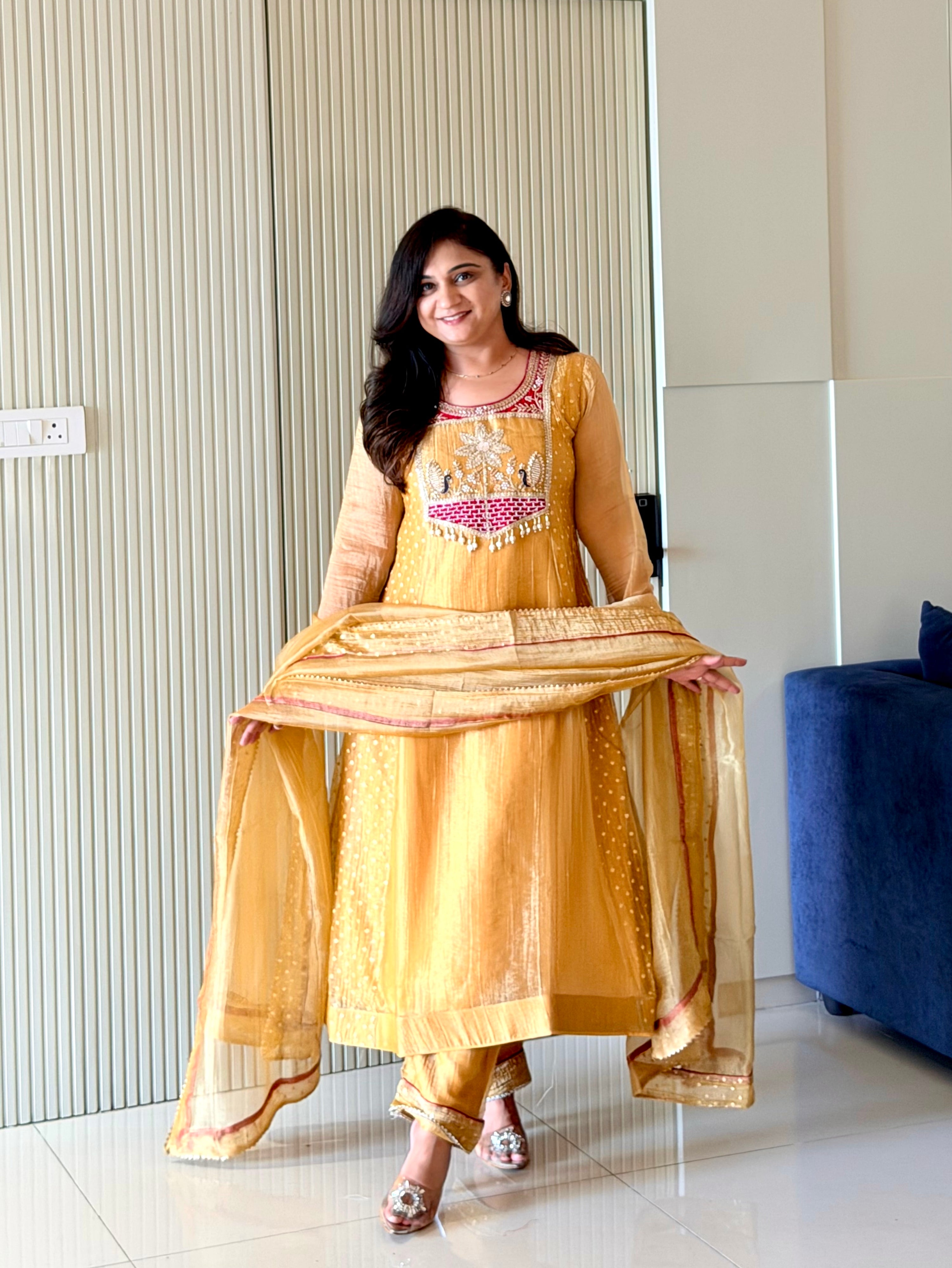 Rehana Yellow Shimmer Tissue Embroidered Anarkali Dupatta Set