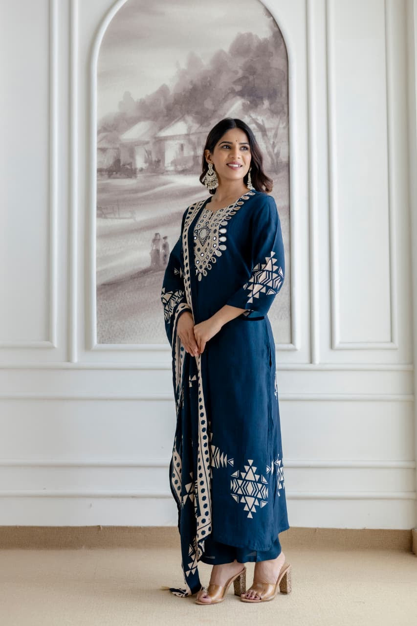 Mansi Crepe Deep Blue HandEmbroidered Pant Set