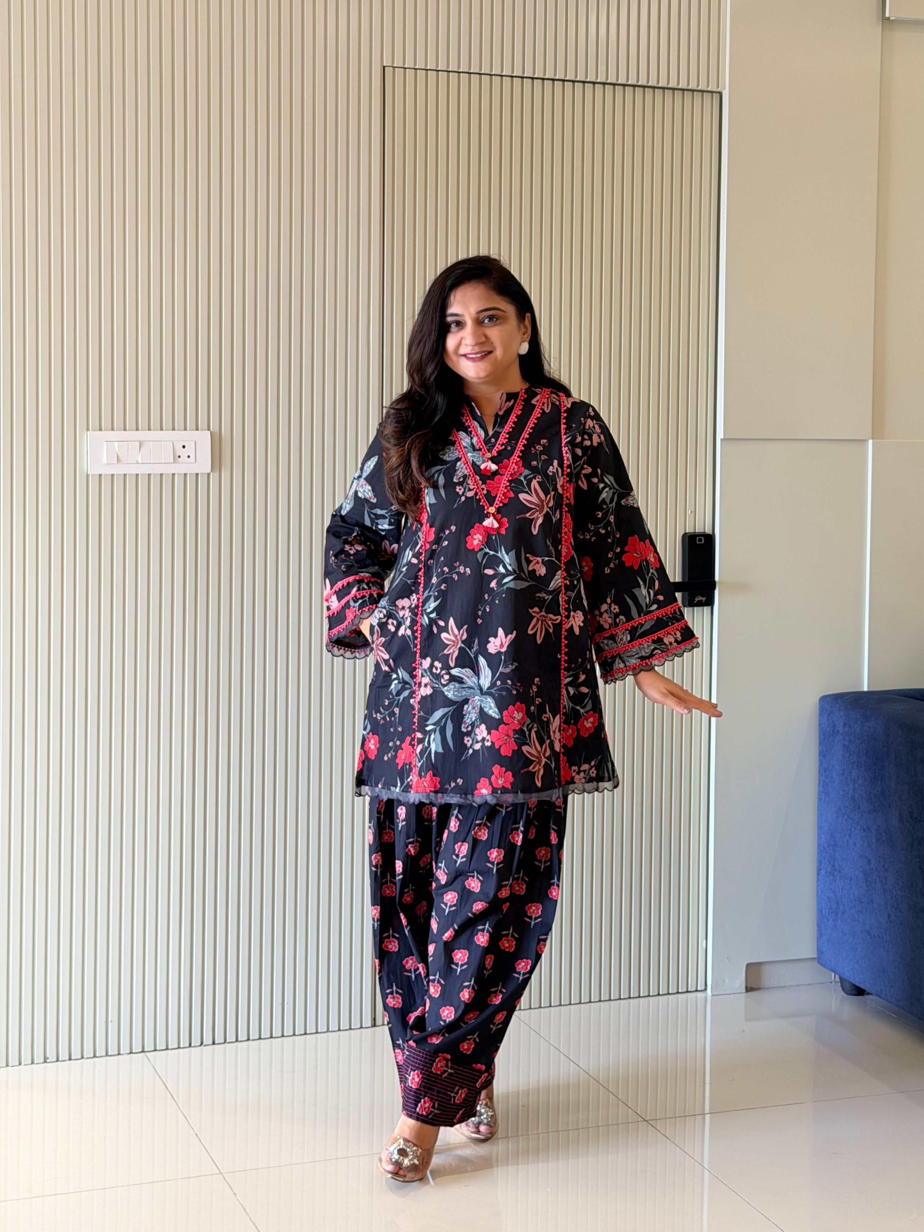 Zubeda Black Cotton Floral A-line Farshi Coord Set