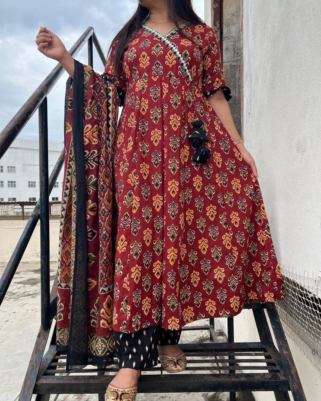 Cotton Patola print Angrakha Anarkali set - The Jaipur Studio