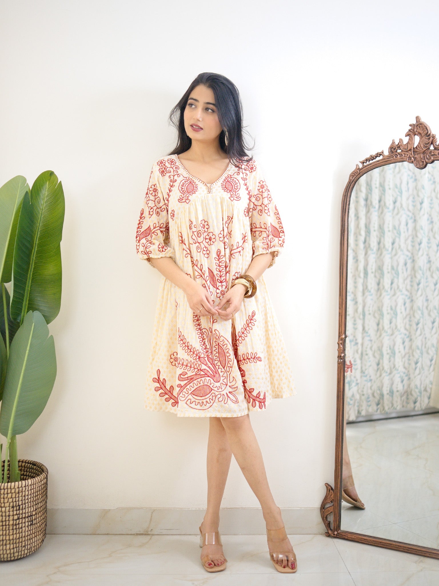 Grace Premium Cotton A-line Embroidered Short Dress