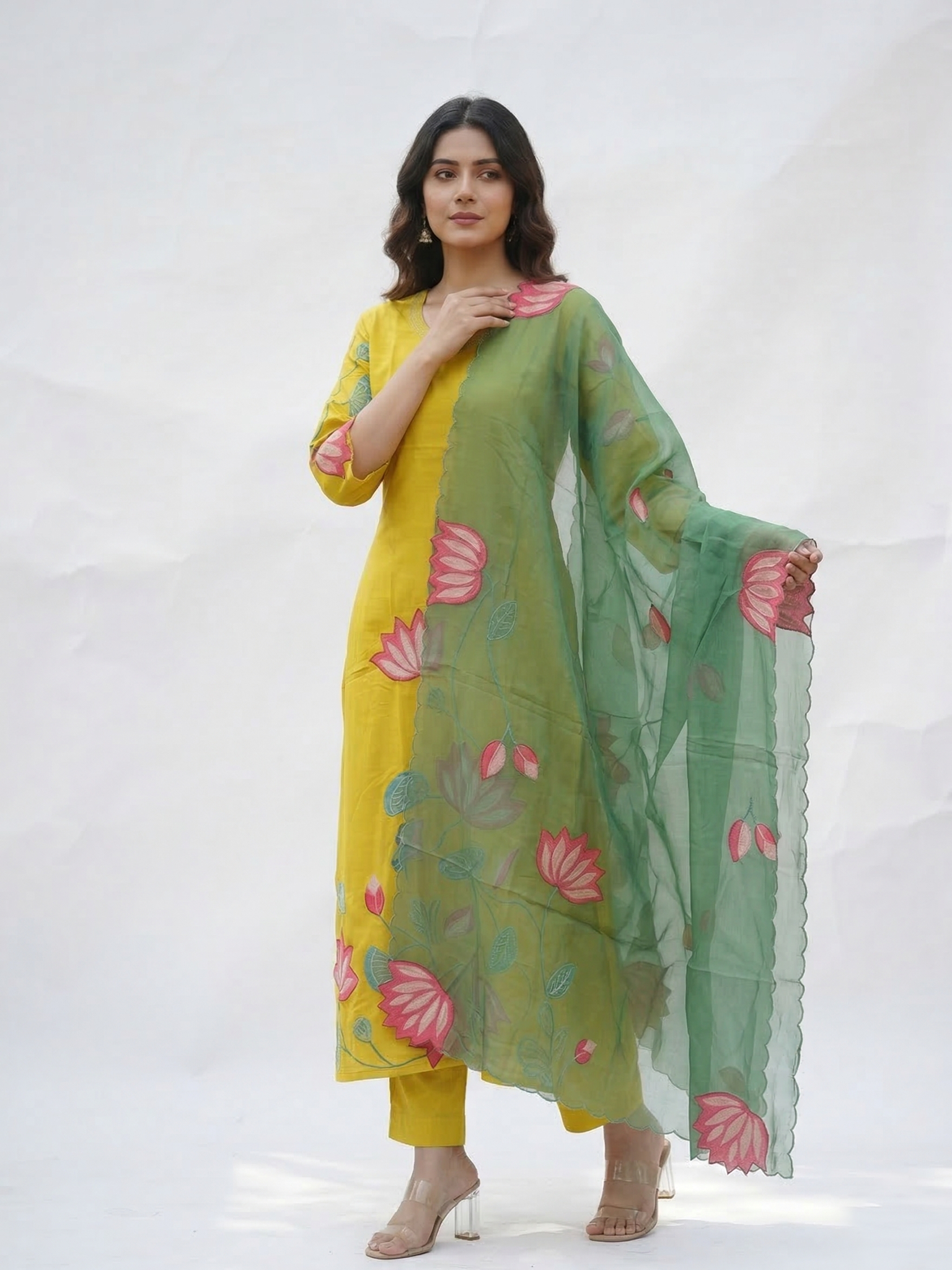Kiara Yellow Russian Silk A-line Applique Deatiled Dupatta Set