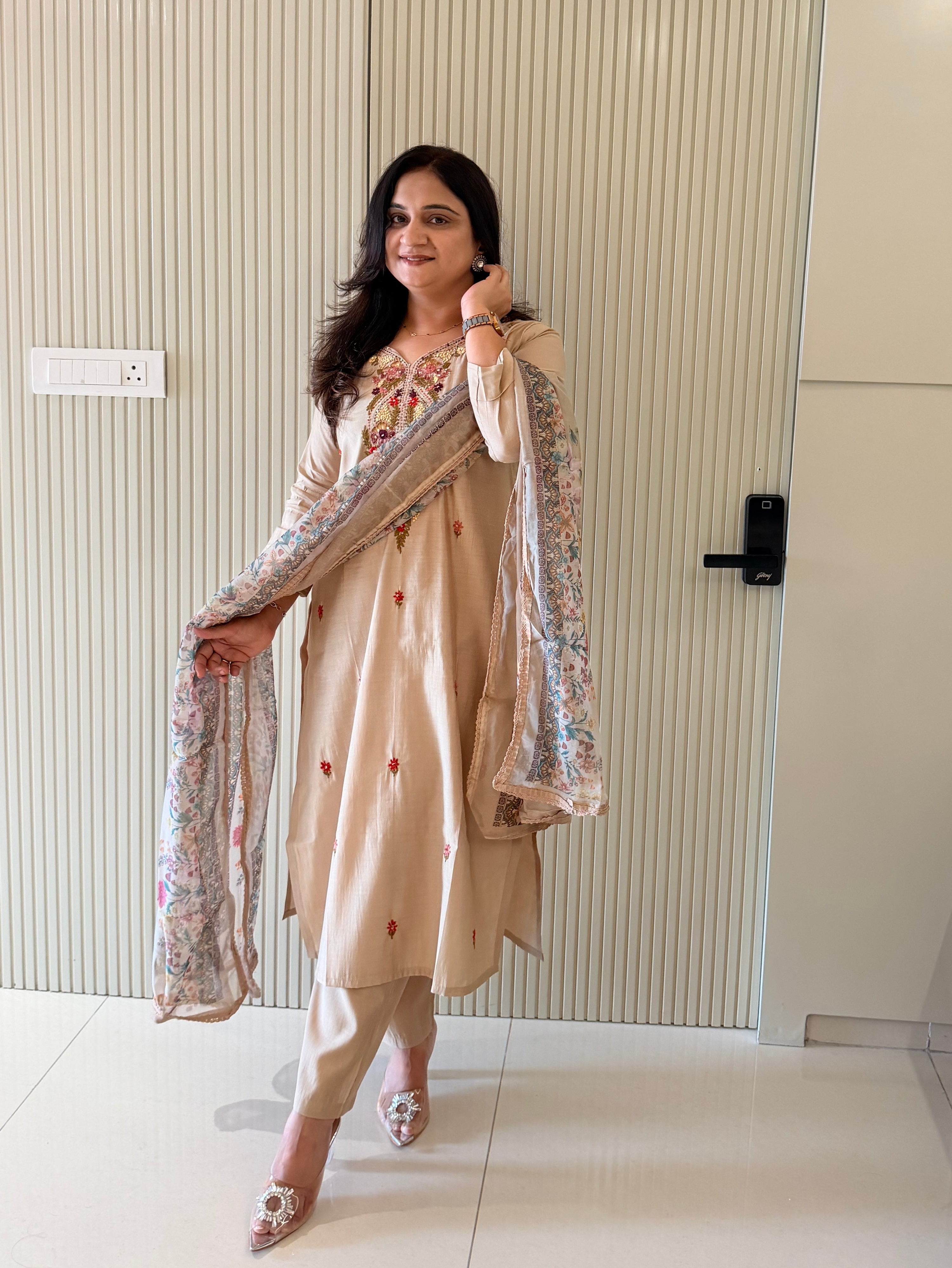 Rubina Beige Modal Silk HandEmbroidered Dupatta Set