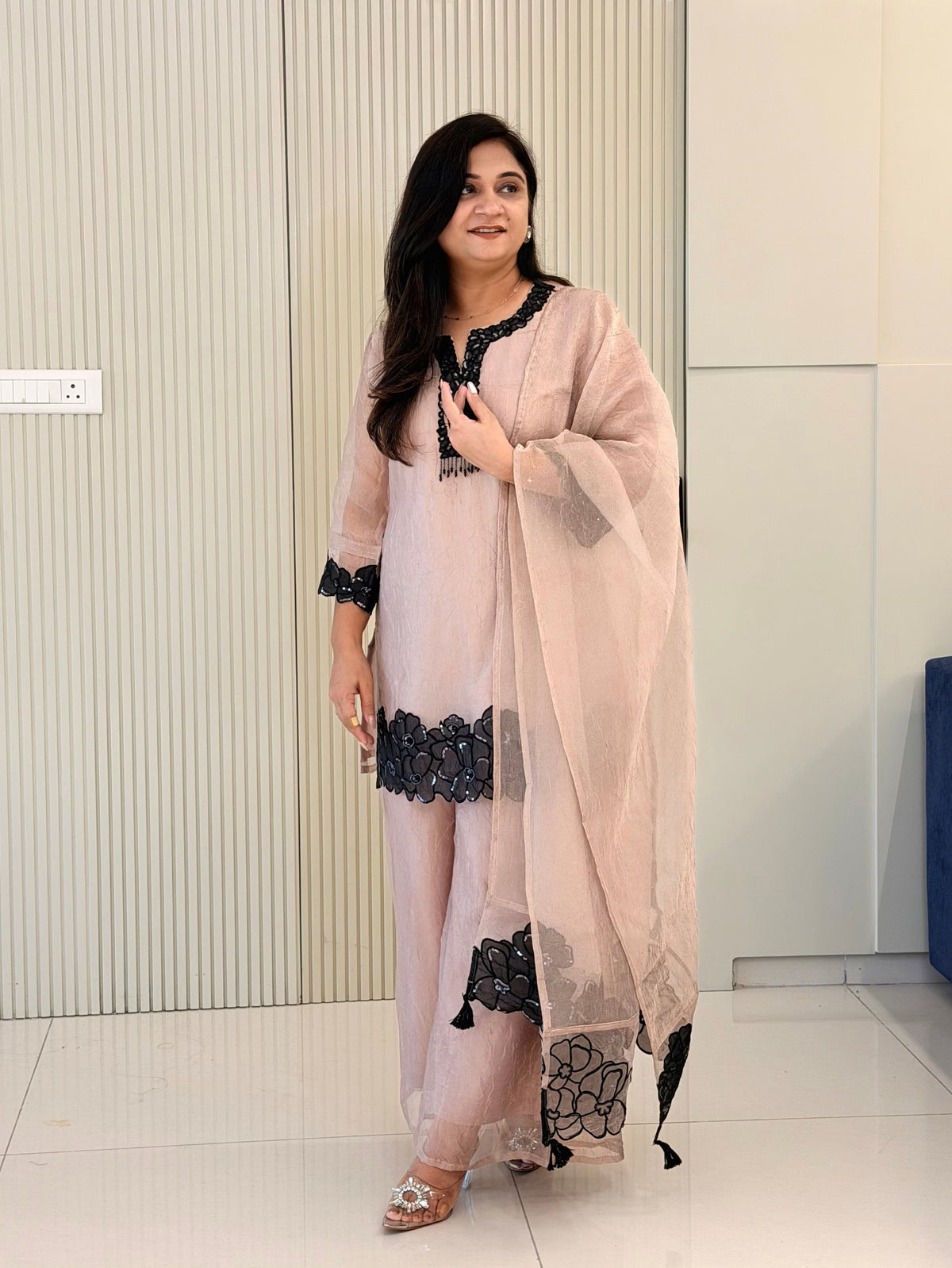 Aayat Peach Shimmer Tissue Applique HandEmbroidered Dupatta Set