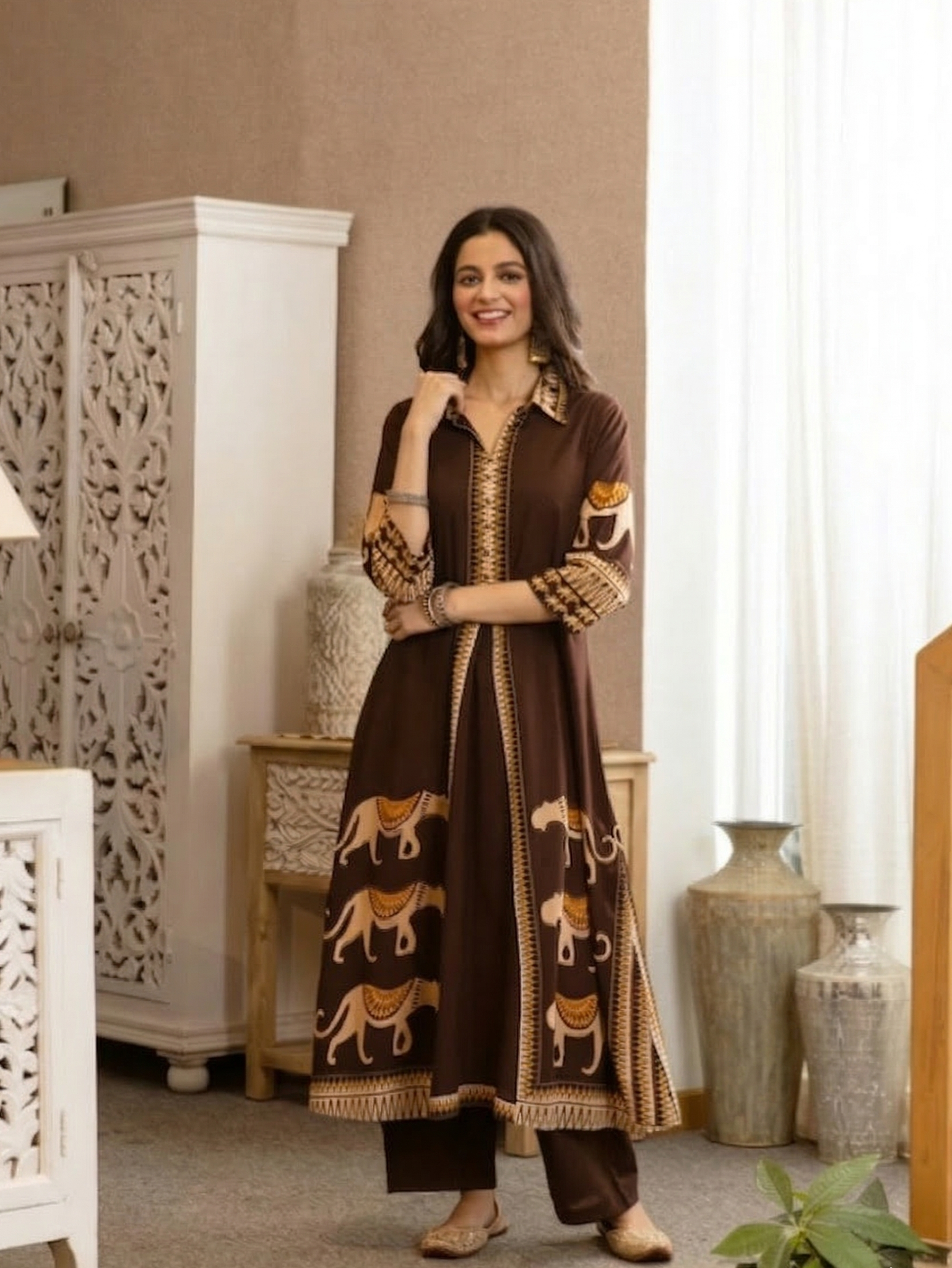 Kiara Brown Tribal Bagh Cotton BeadWork Kurta Set