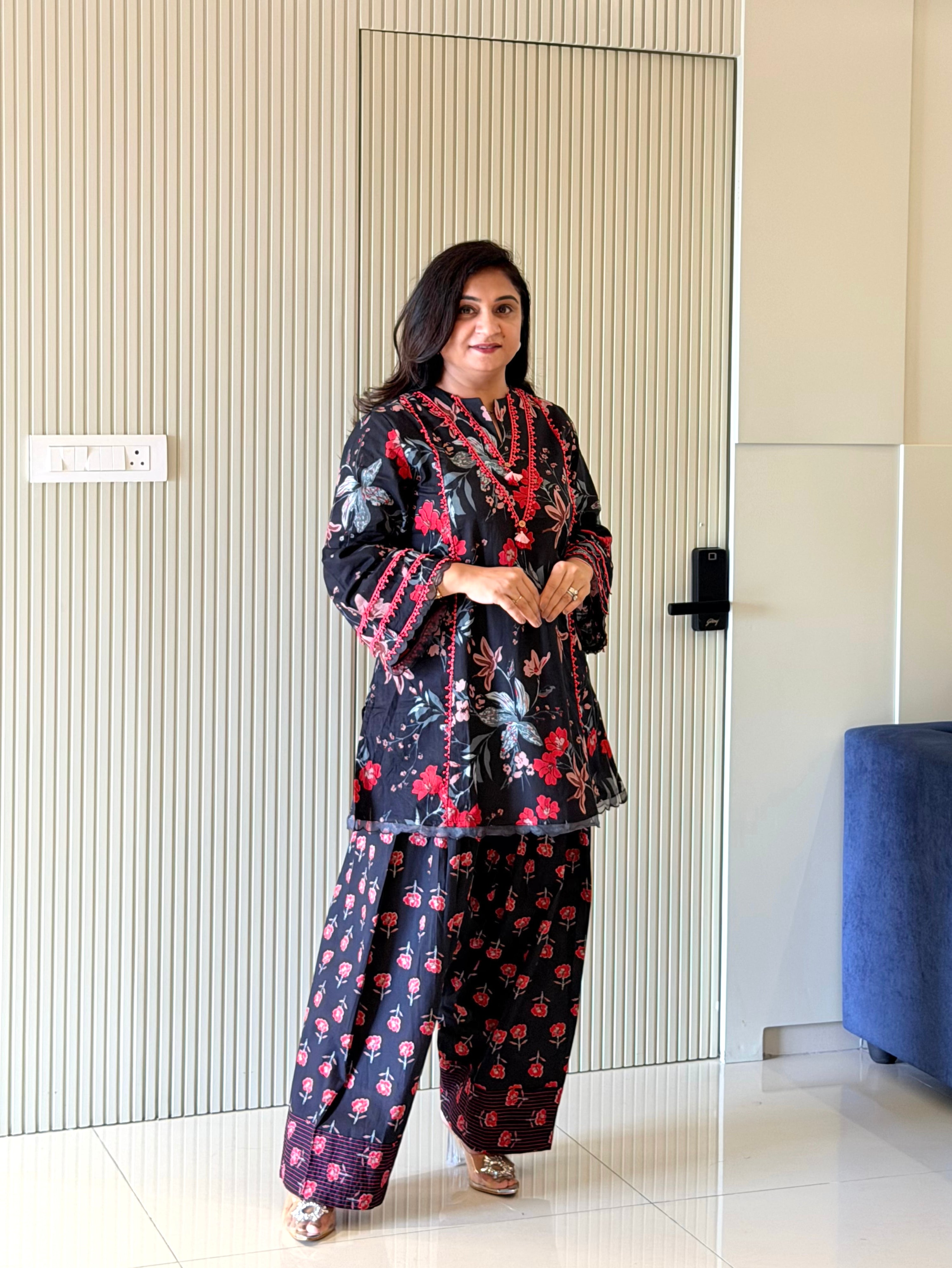 Zubeda Black Cotton Floral A-line Farshi Coord Set