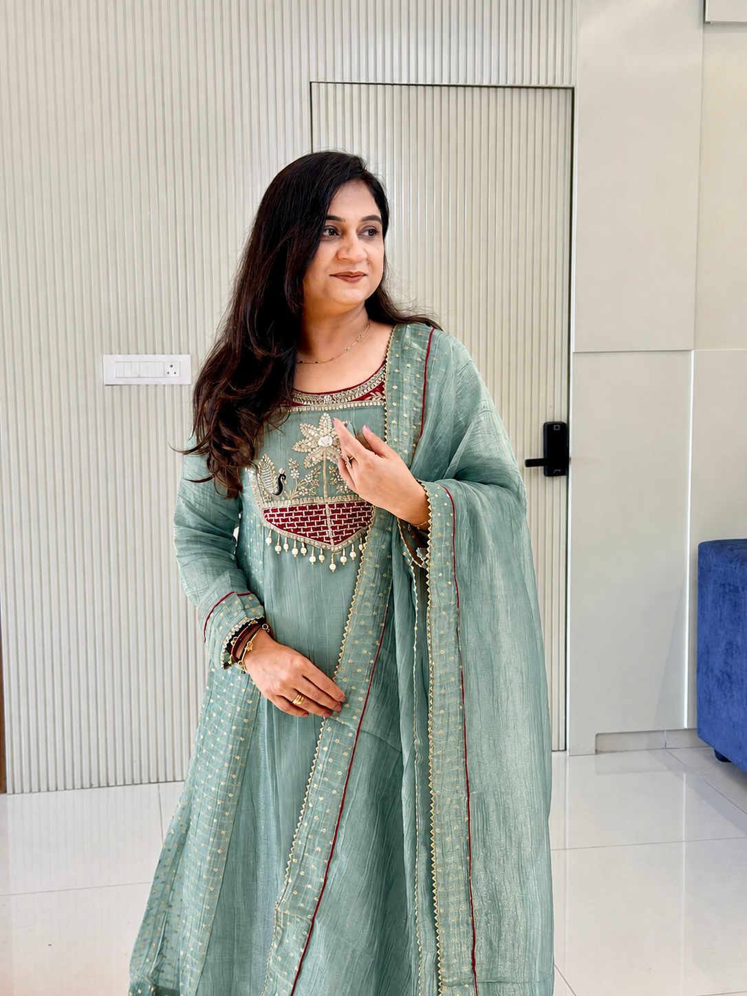 Rehana Green Shimmer Tissue Embroidered Anarkali Dupatta Set