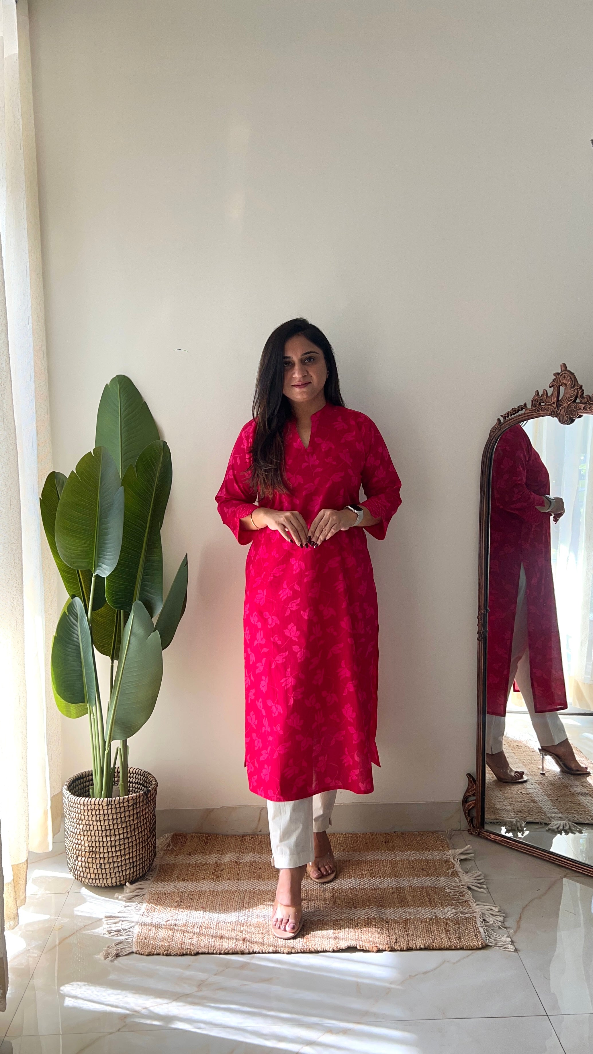 Pink Floral Casual Cotton Straight Kurta - The Jaipur Studio