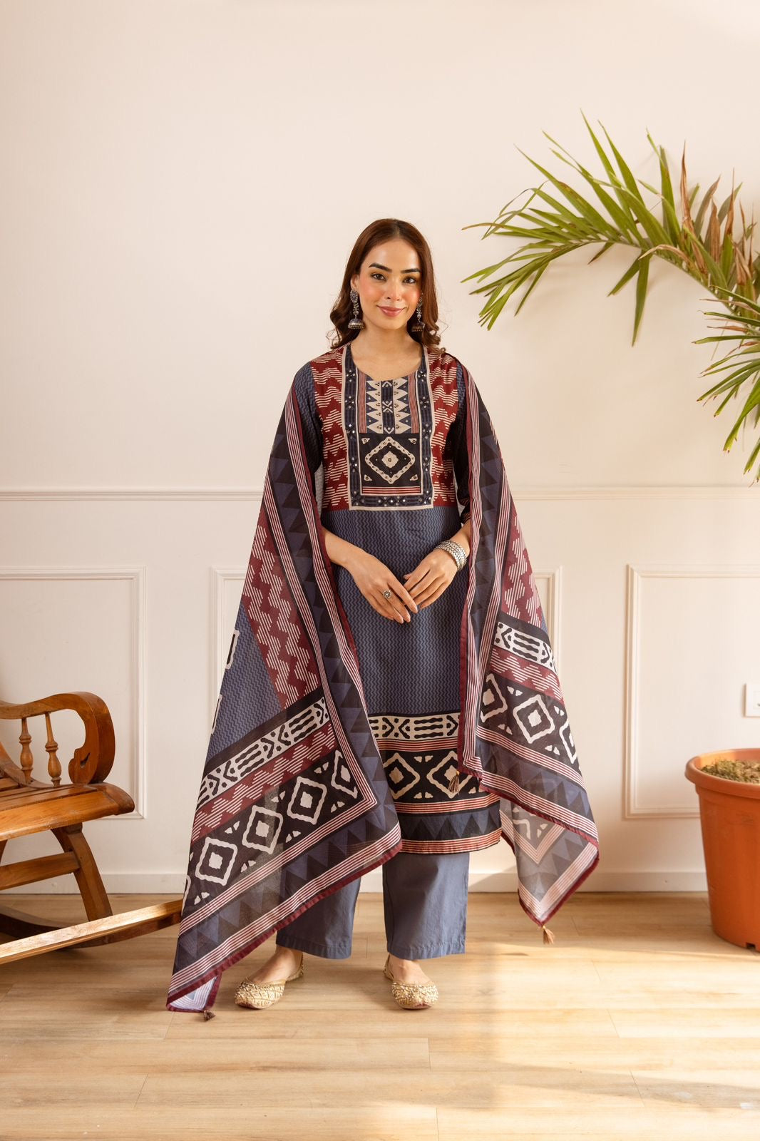 Gehna Blue Cotton Casual Embroidered Dupatta Set