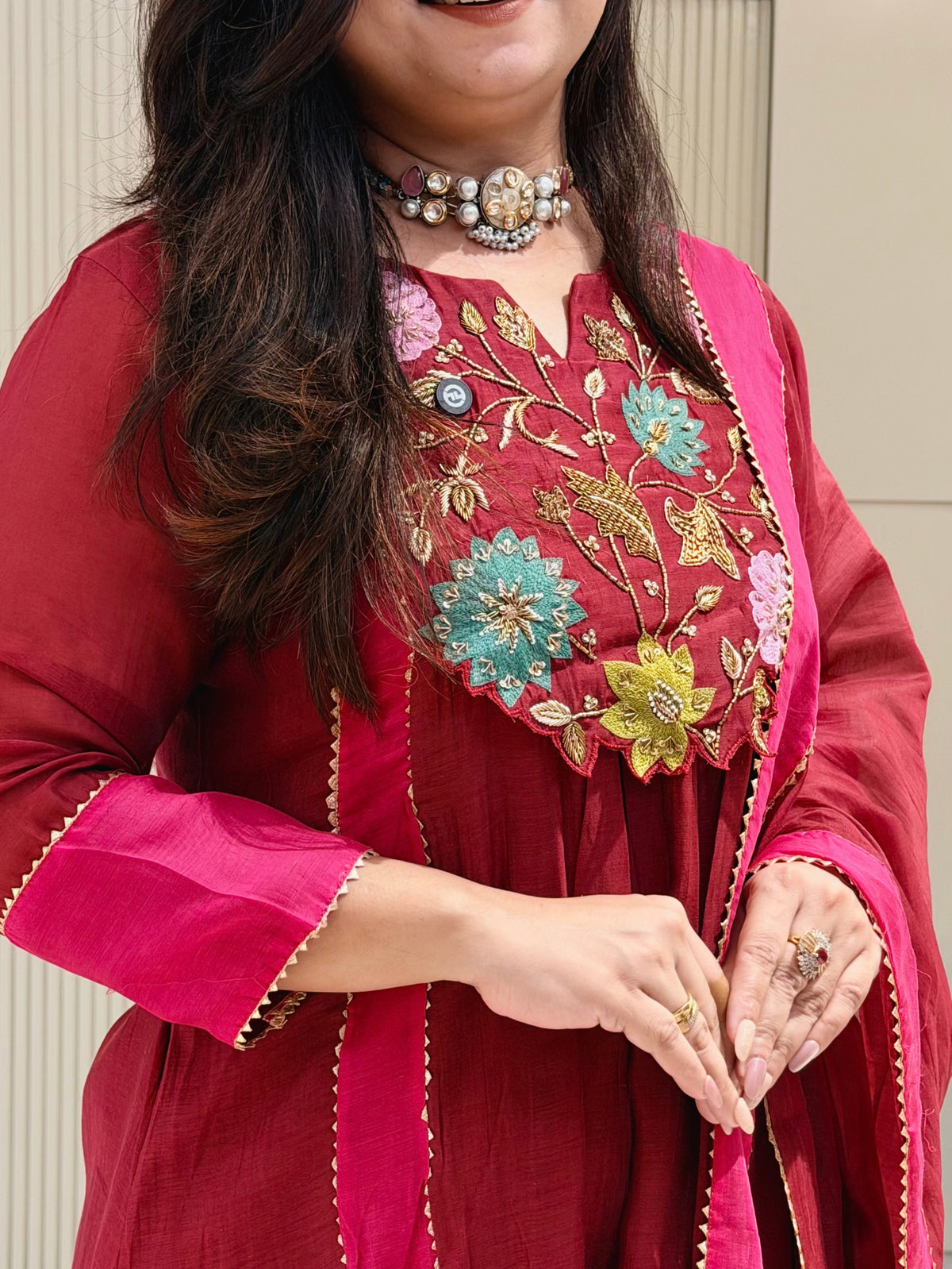 Sejal Mergenta Pink Mul Chanderi HandEmbroidered A-line Dupatta Set