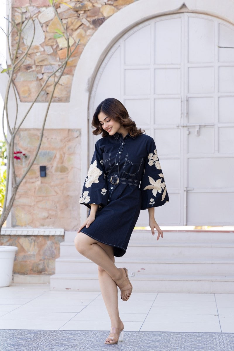 Ammy Cotton HandPainted Embroidered Short Dress - The Jaipur Studio