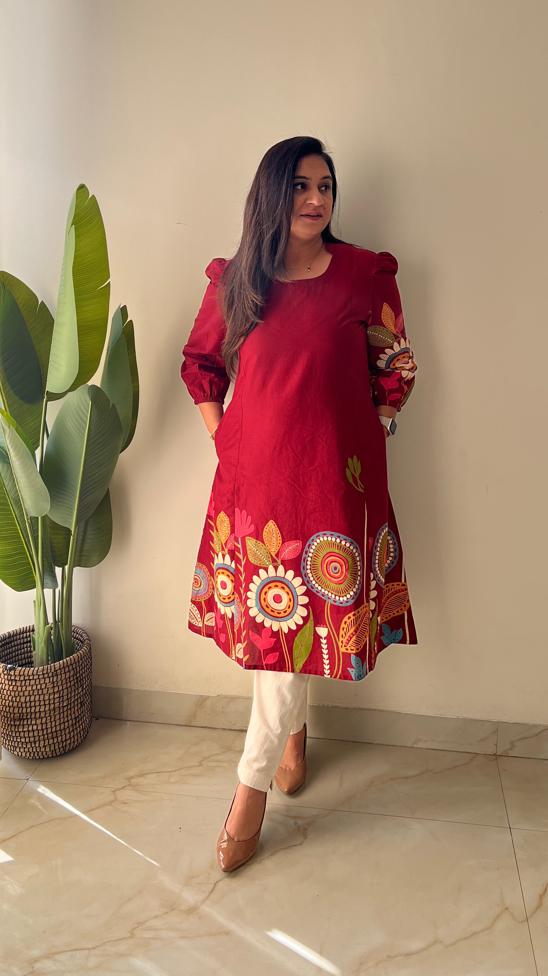 Red Cotton Floral A-line Kurta