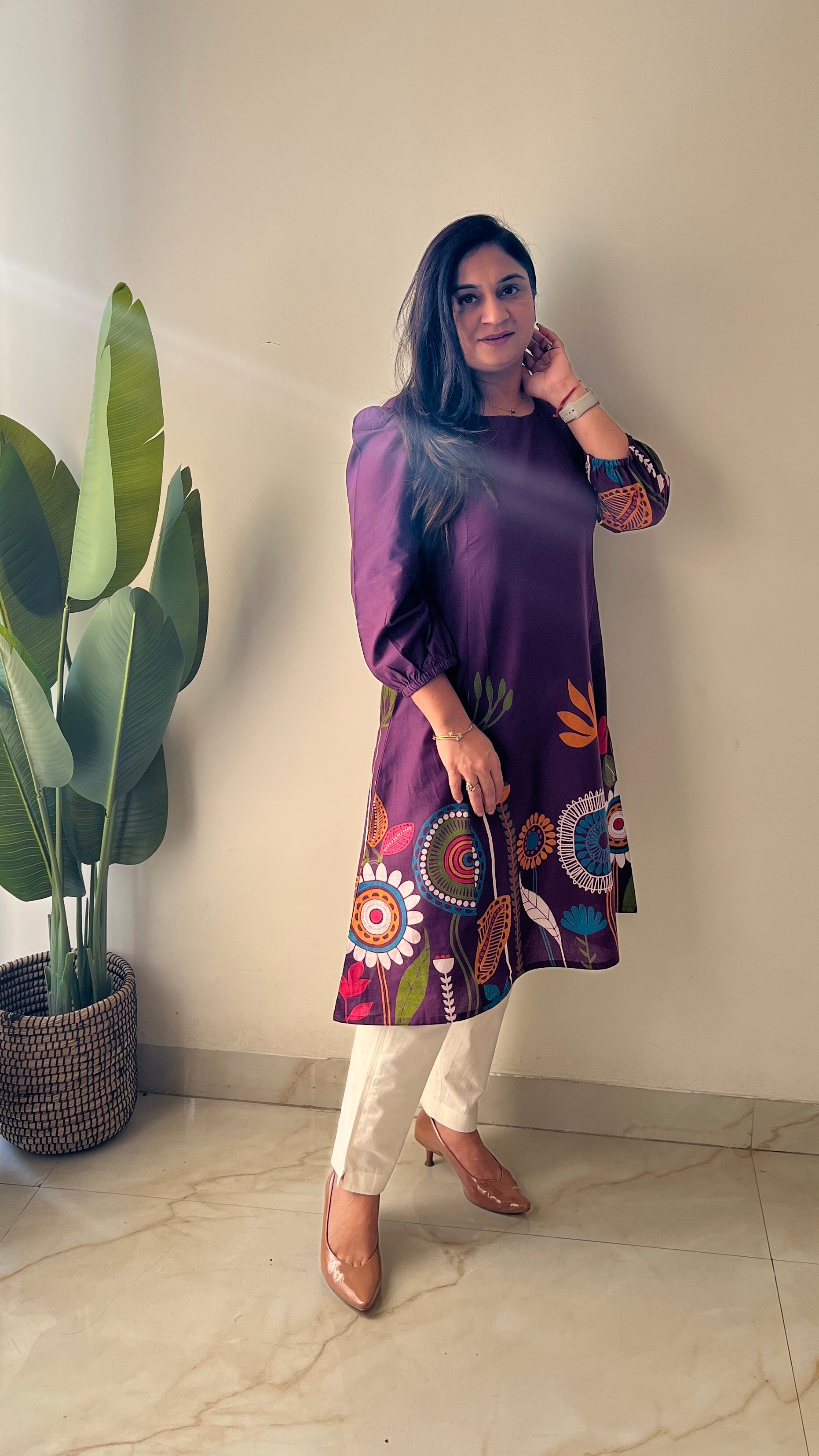 Purple Cotton Floral A-line Kurta