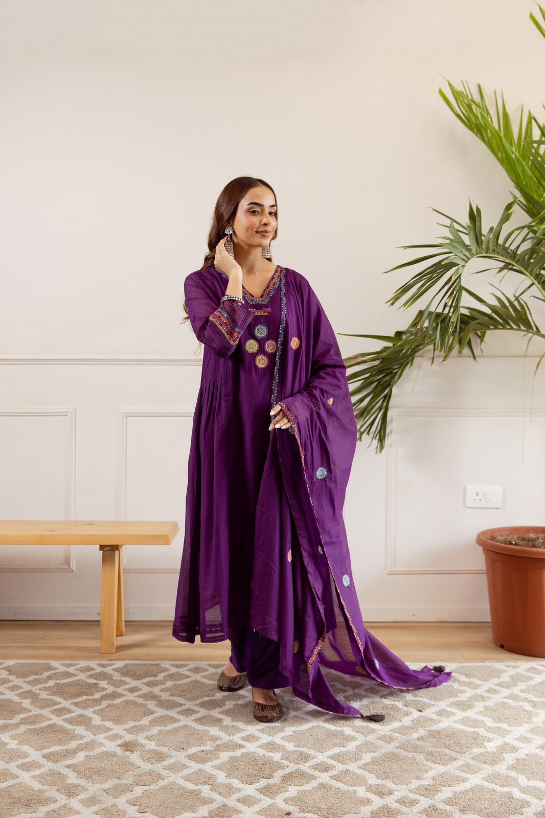 Zola Purple Net Chanderi Embroidered Anarkali Set